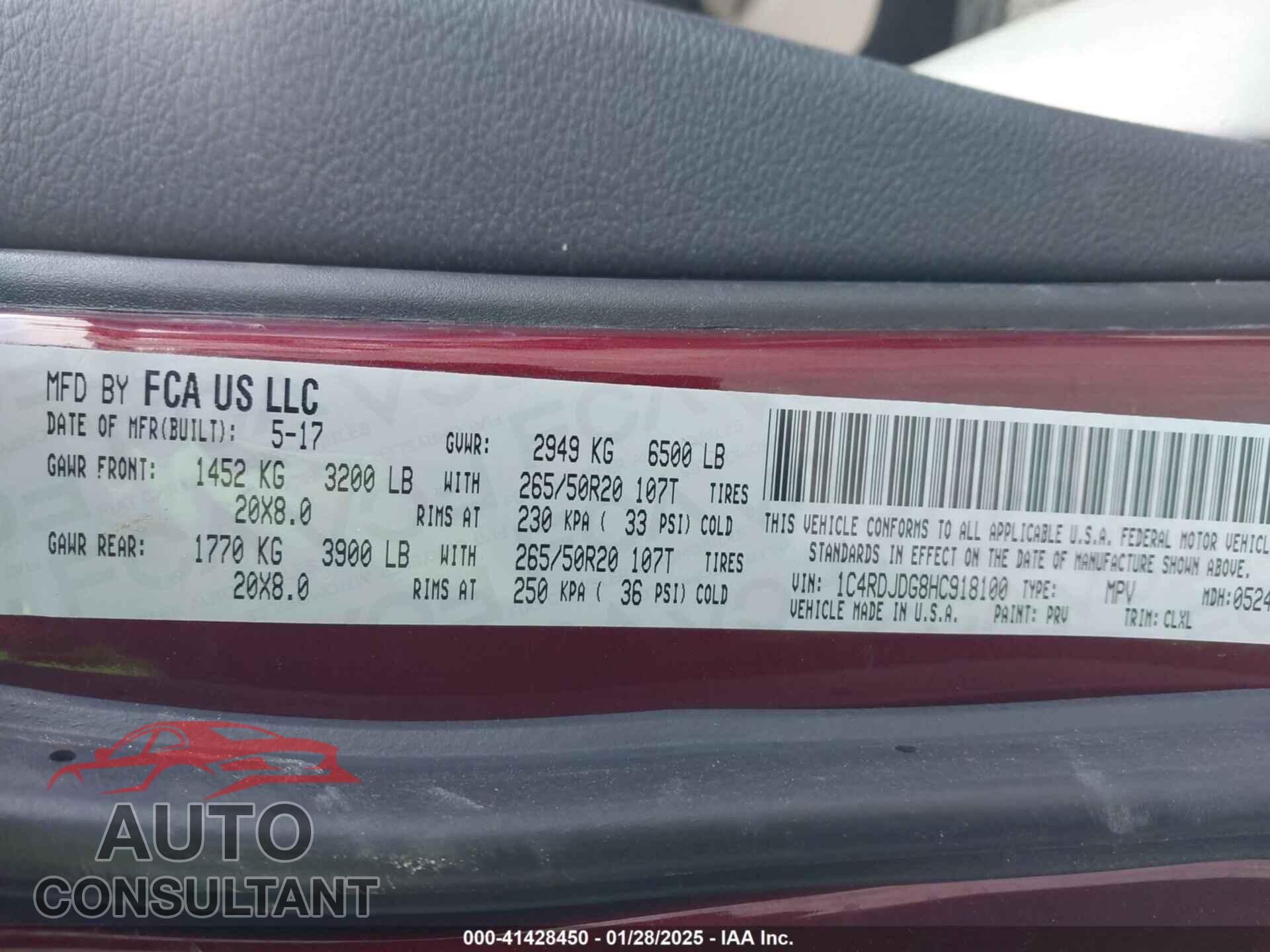 DODGE DURANGO 2017 - 1C4RDJDG8HC918100