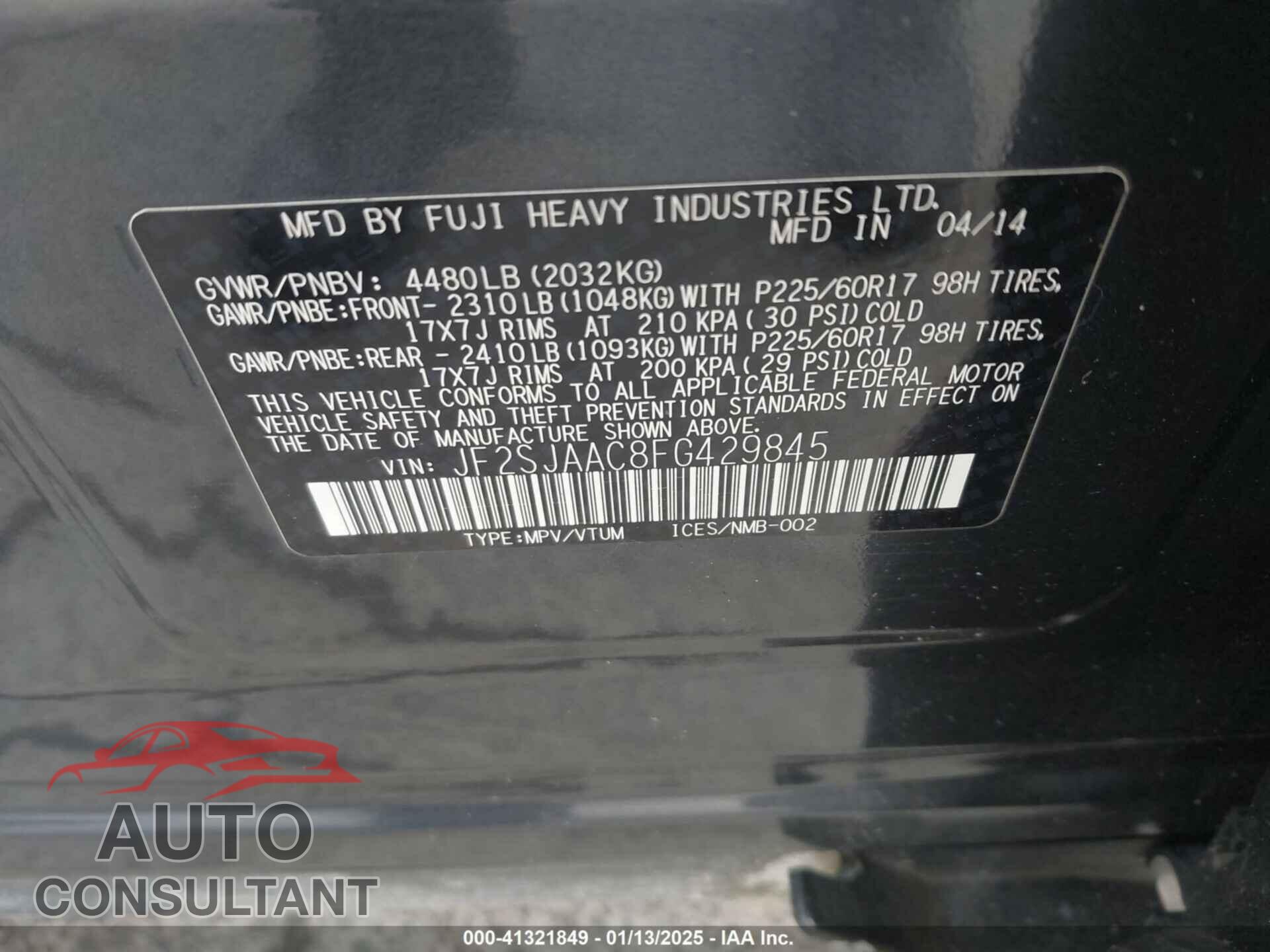 SUBARU FORESTER 2015 - JF2SJAAC8FG429845