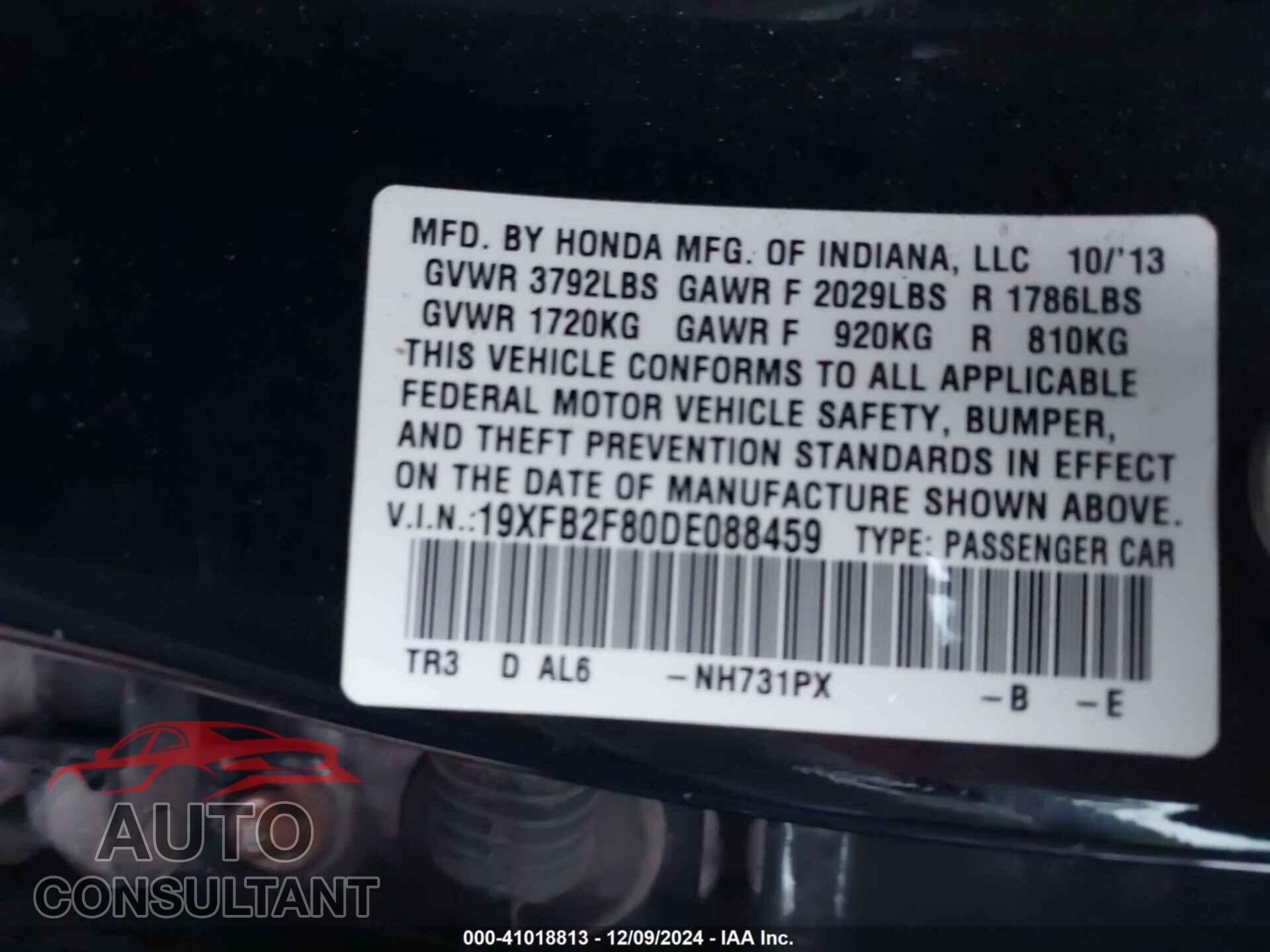HONDA CIVIC 2013 - 19XFB2F80DE088459