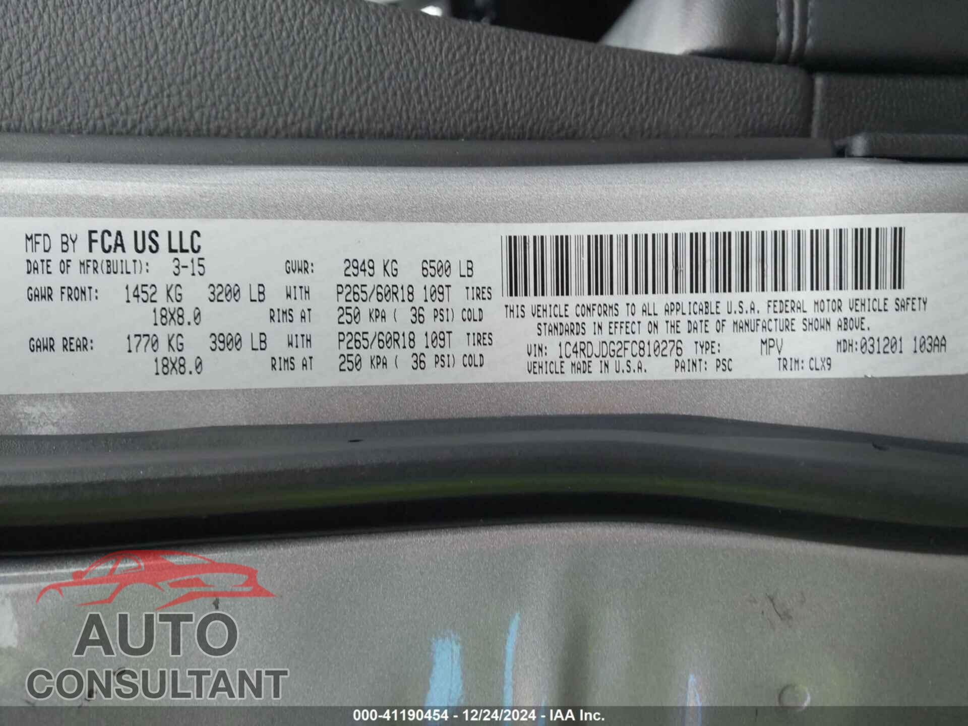 DODGE DURANGO 2015 - 1C4RDJDG2FC810276