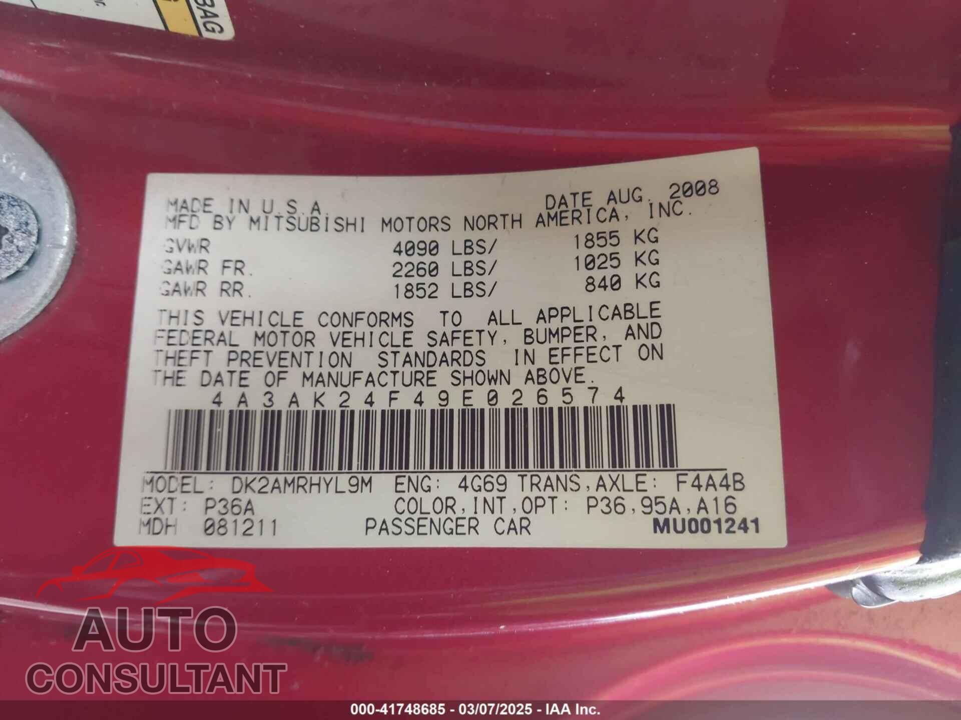 MITSUBISHI ECLIPSE 2009 - 4A3AK24F49E026574