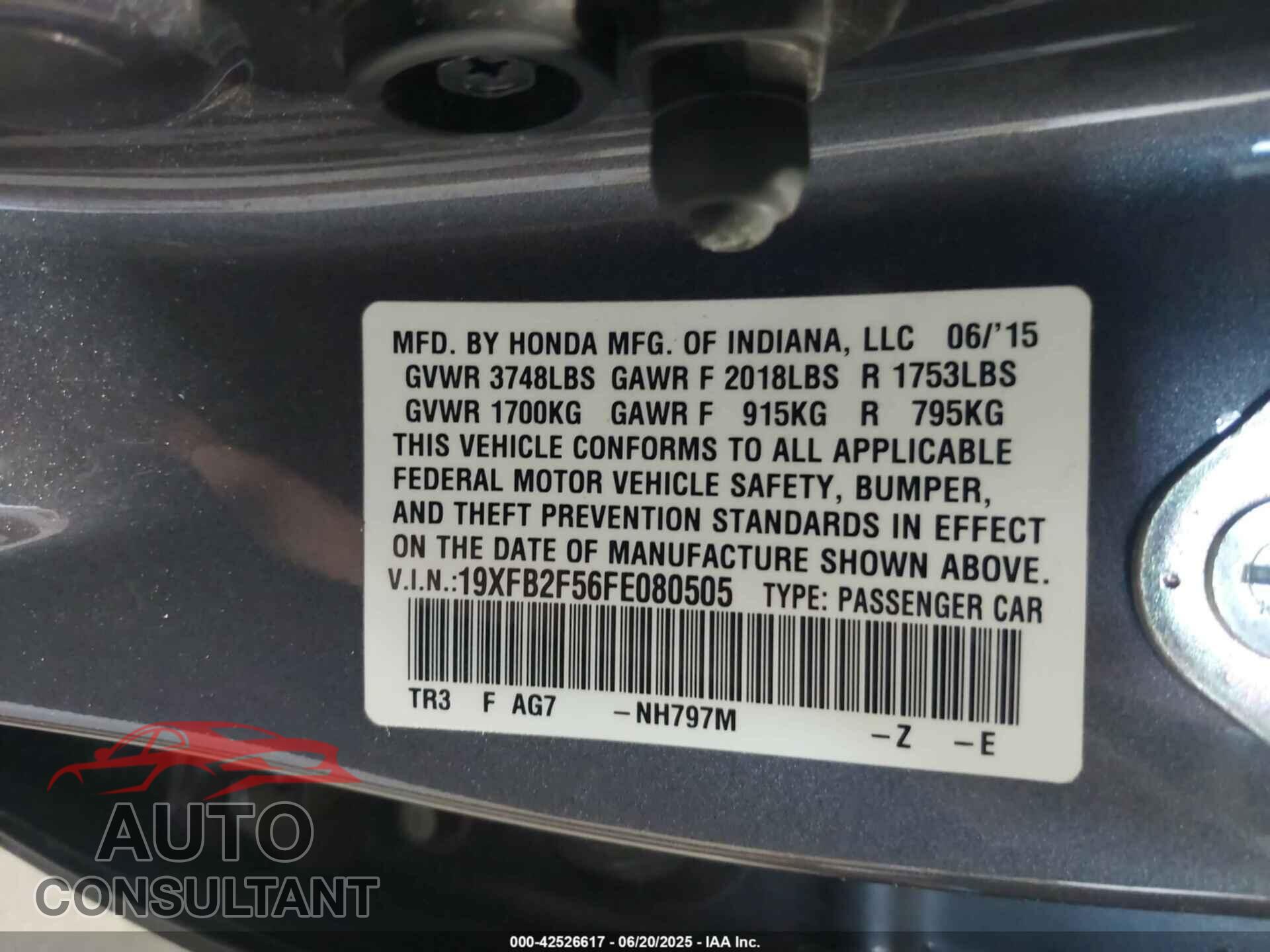 HONDA CIVIC 2015 - 19XFB2F56FE080505
