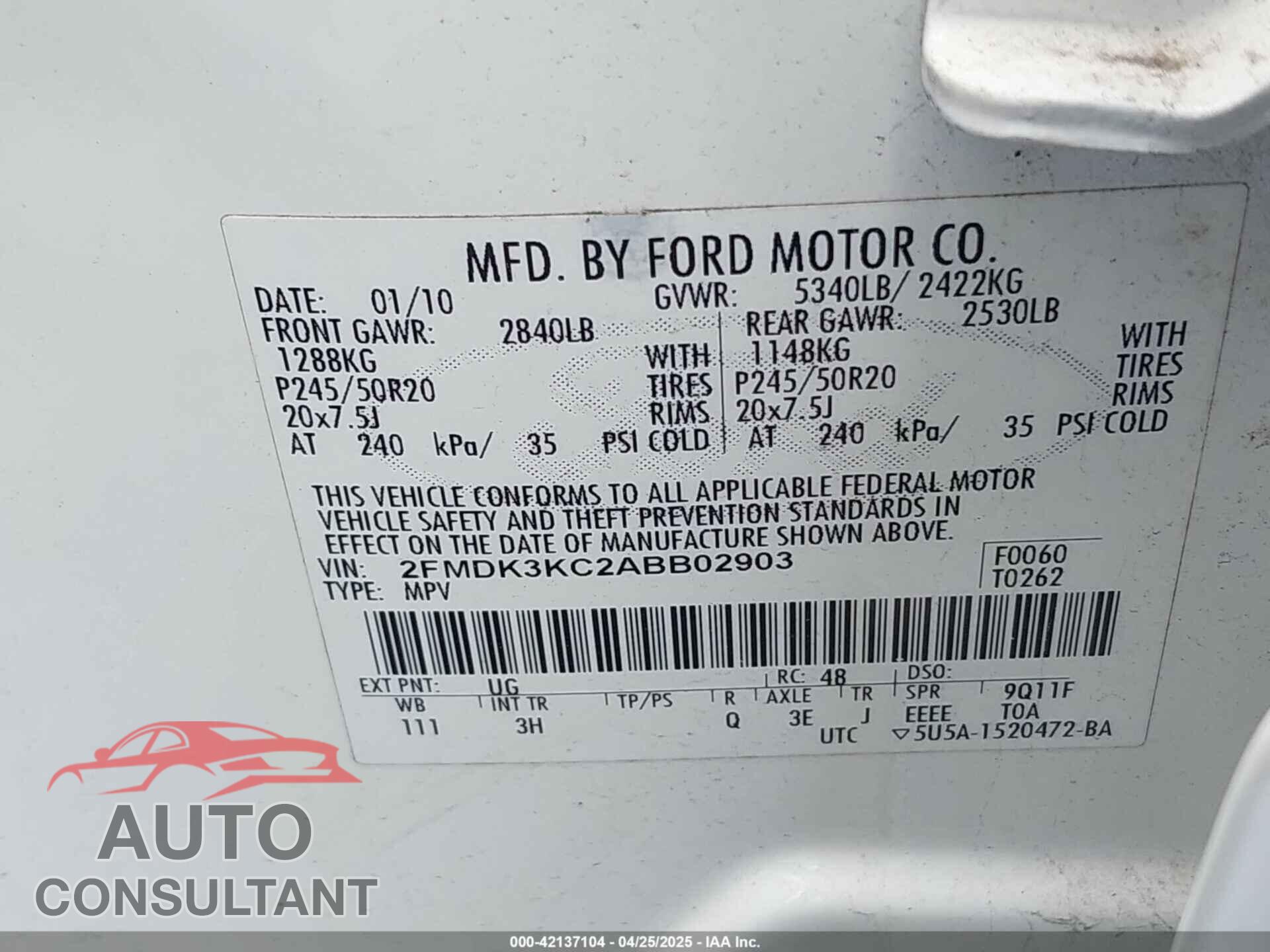 FORD EDGE 2010 - 2FMDK3KC2ABB02903