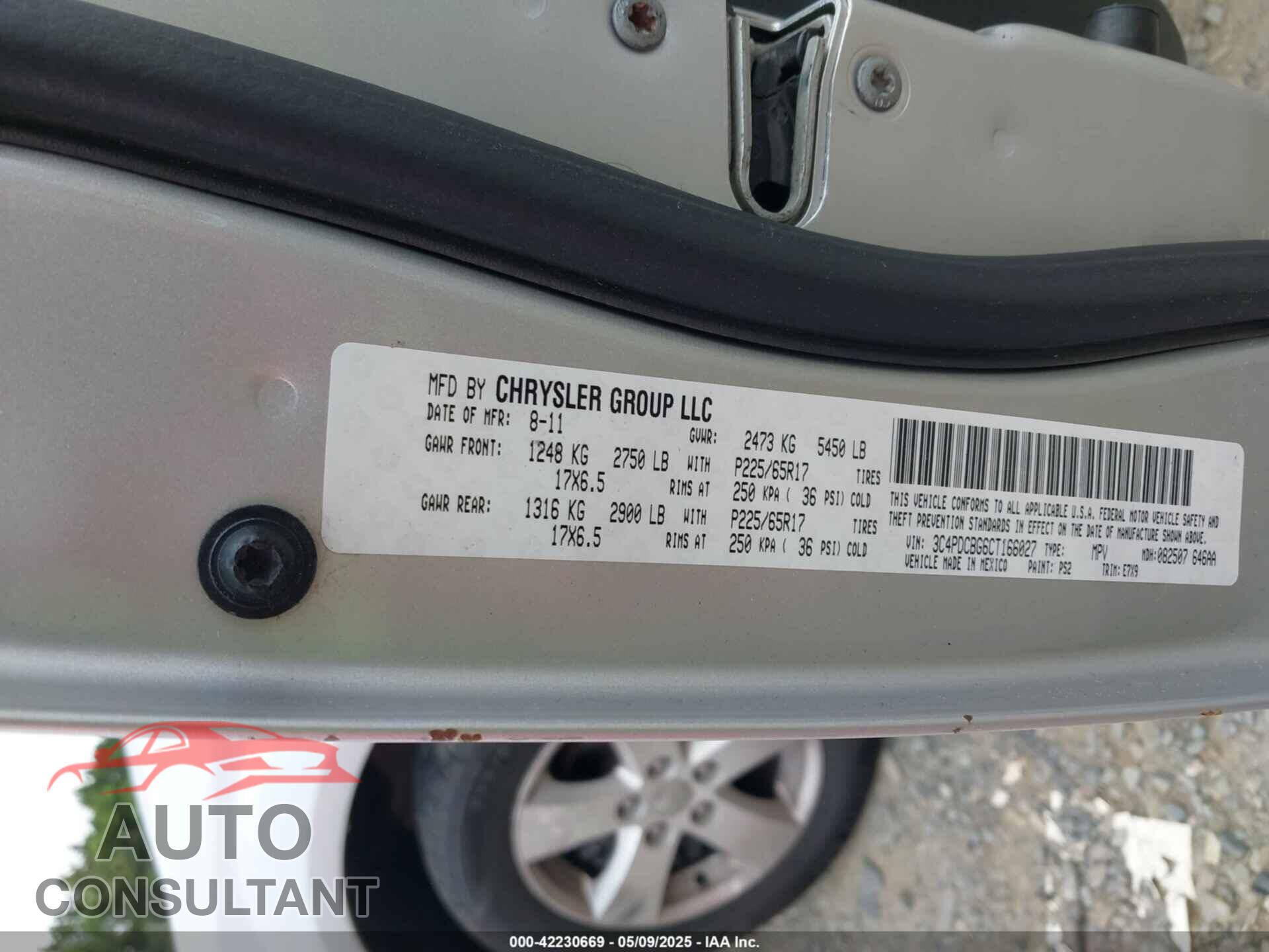 DODGE JOURNEY 2012 - 3C4PDCBG6CT166027