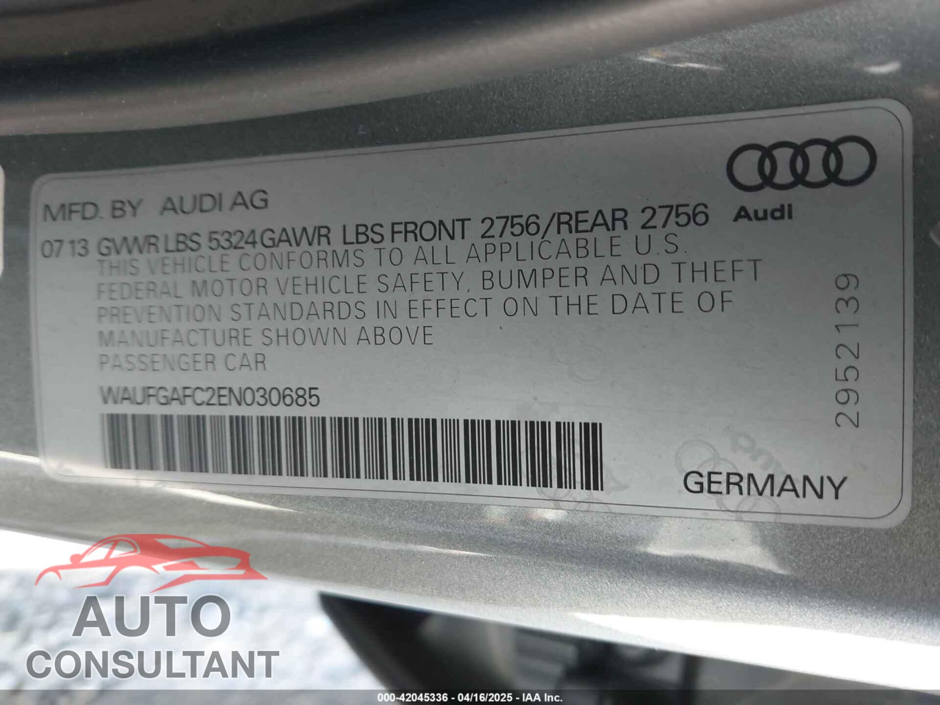 AUDI A6 2014 - WAUFGAFC2EN030685