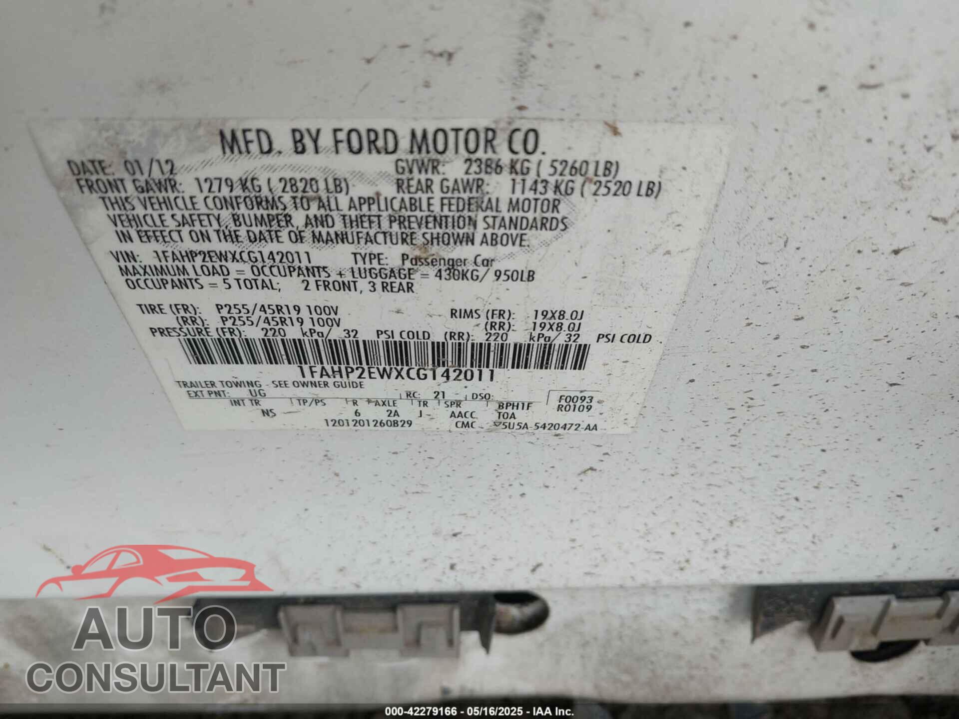 FORD TAURUS 2012 - 1FAHP2EWXCG142011