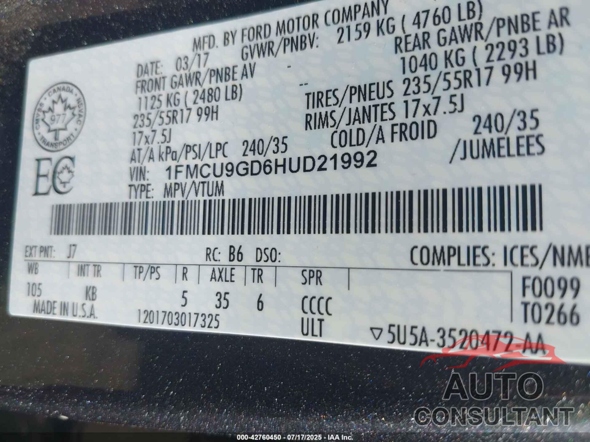 FORD ESCAPE 2017 - 1FMCU9GD6HUD21992