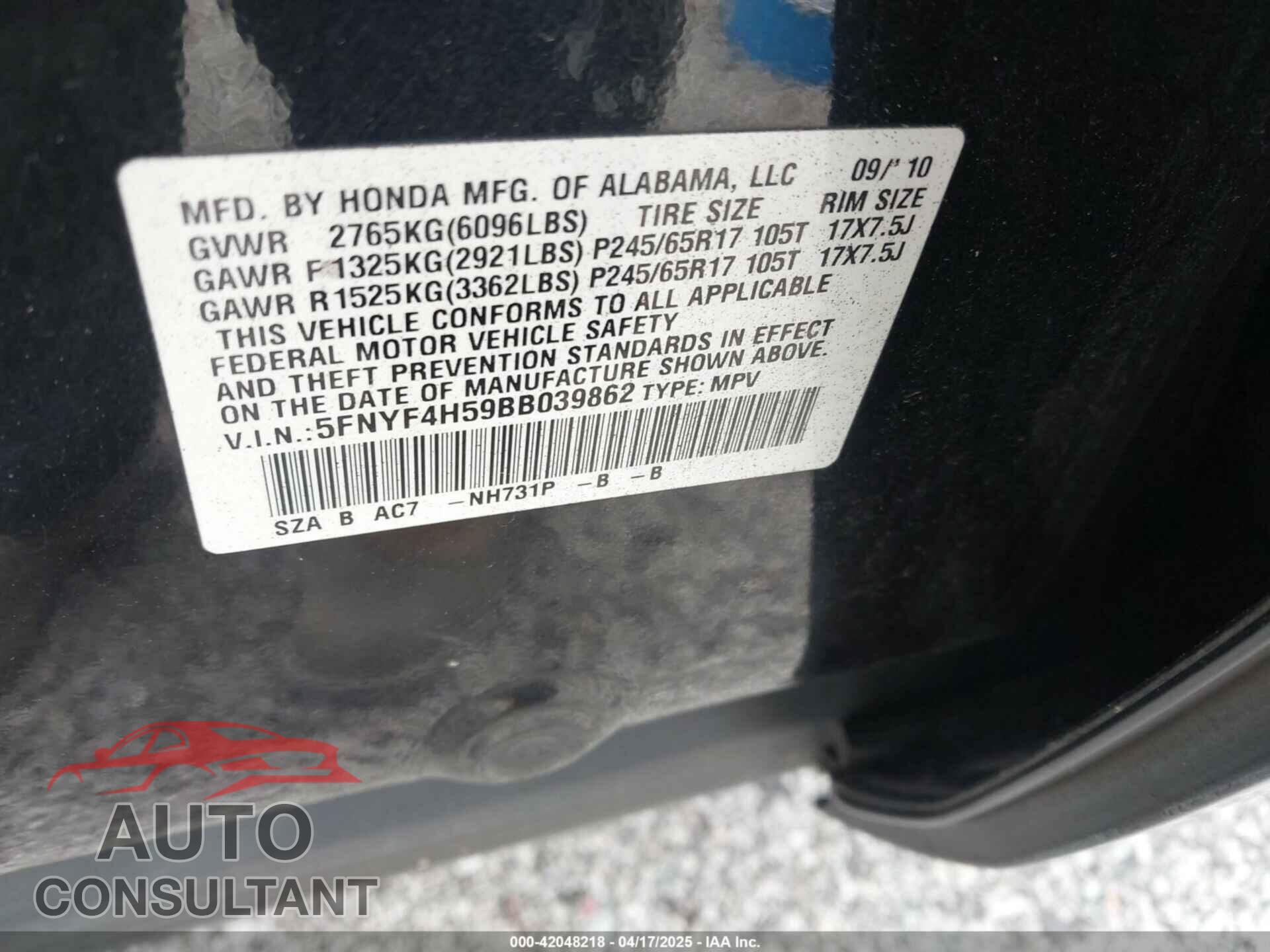HONDA PILOT 2011 - 5FNYF4H59BB039862