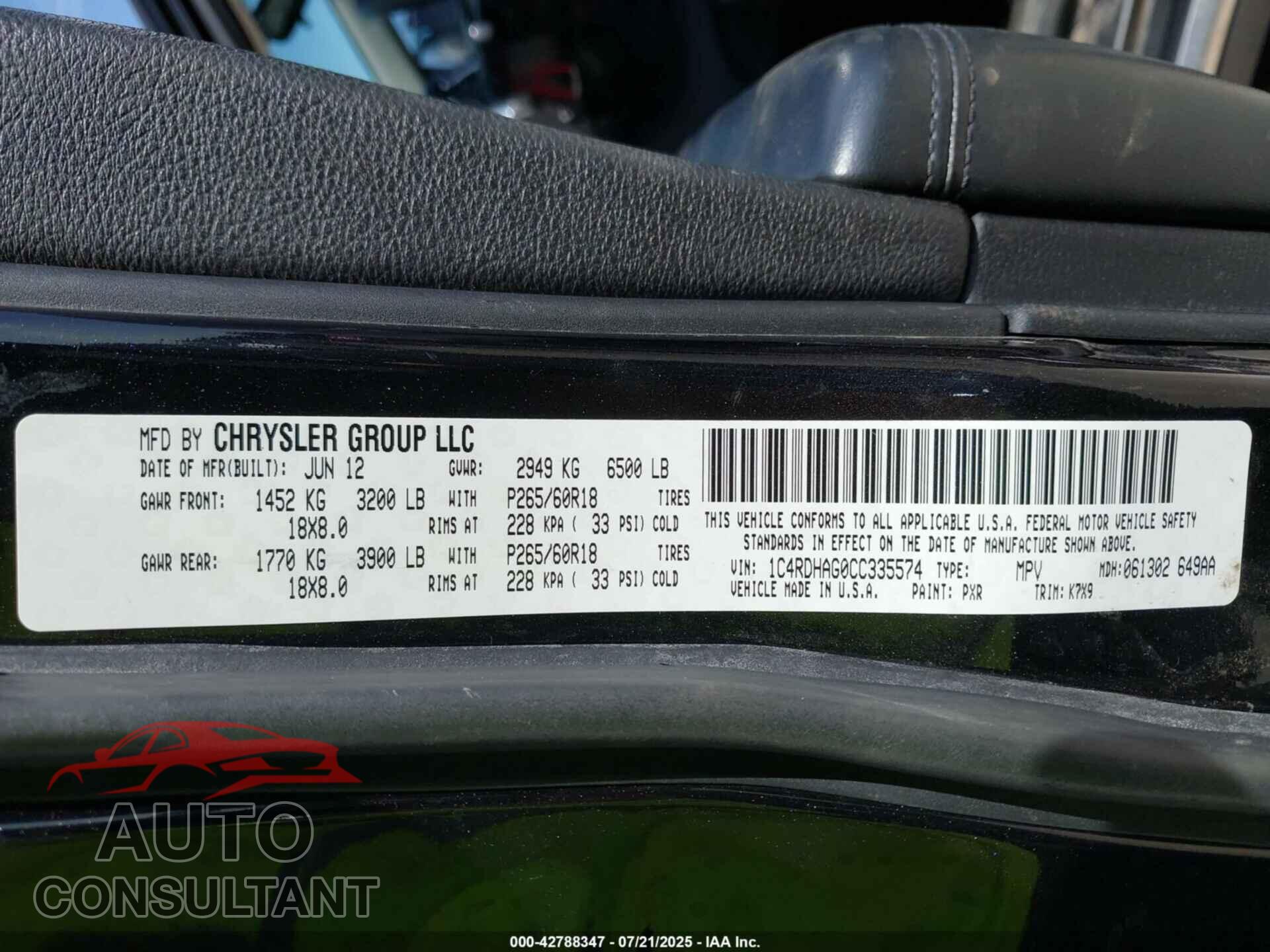 DODGE DURANGO 2012 - 1C4RDHAG0CC335574