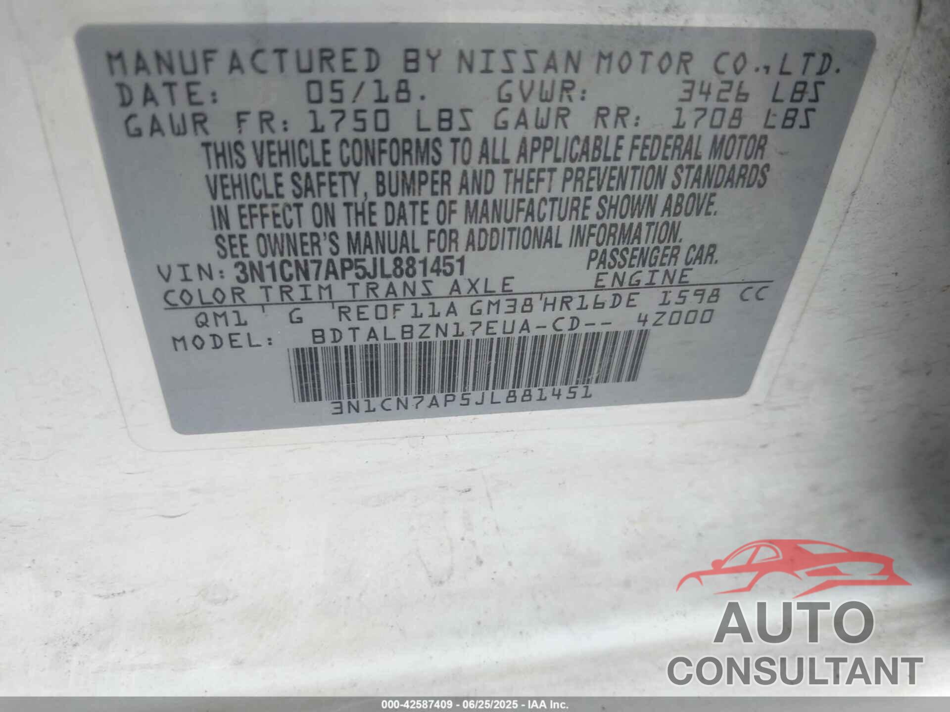 NISSAN VERSA 2018 - 3N1CN7AP5JL881451