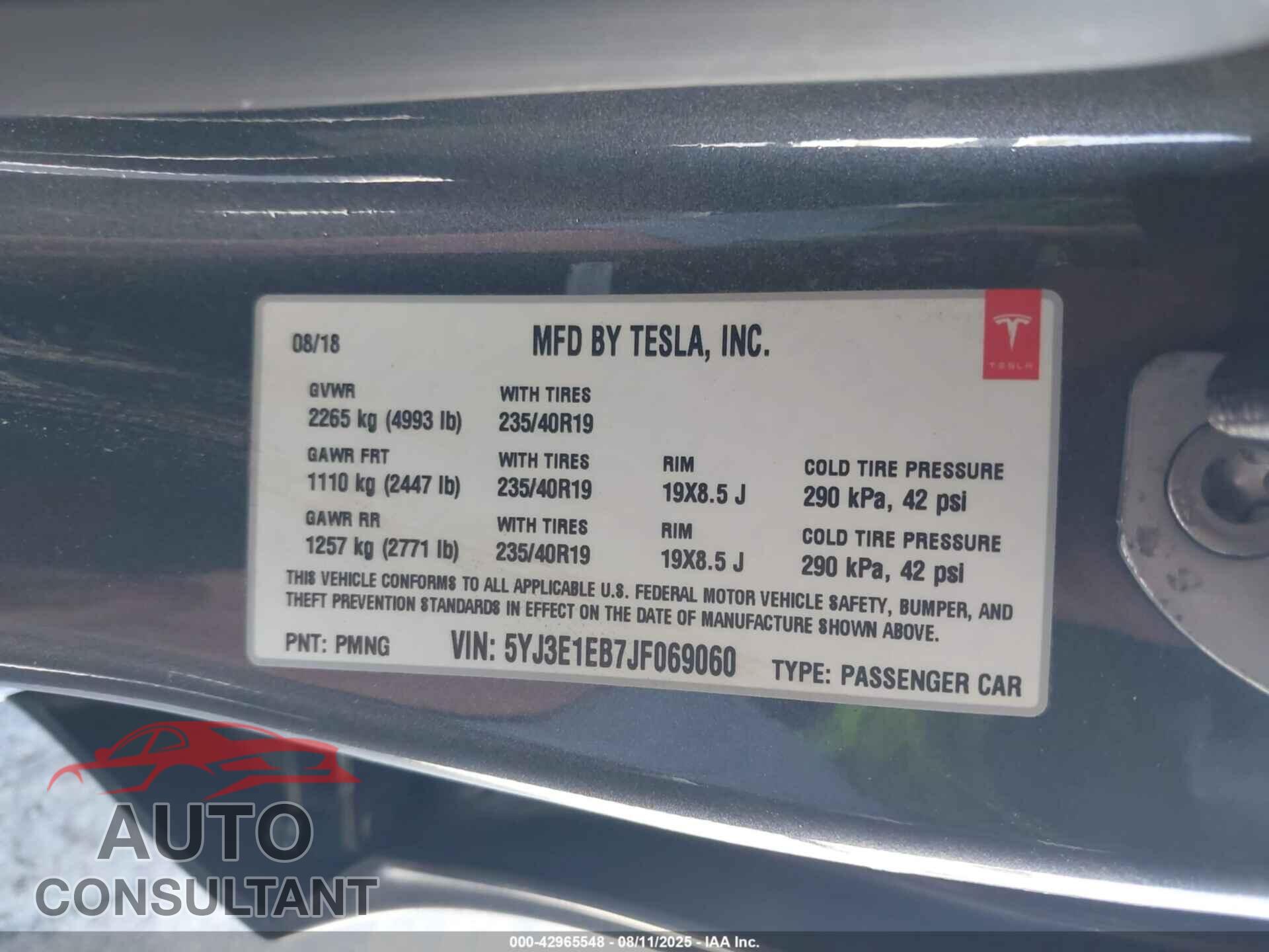TESLA MODEL 3 2018 - 5YJ3E1EB7JF069060