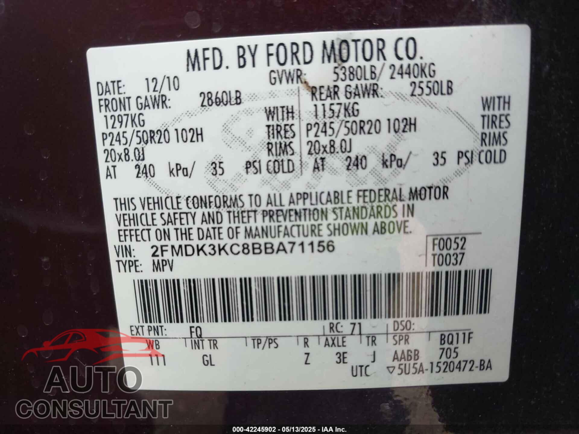 FORD EDGE 2011 - 2FMDK3KC8BBA71156