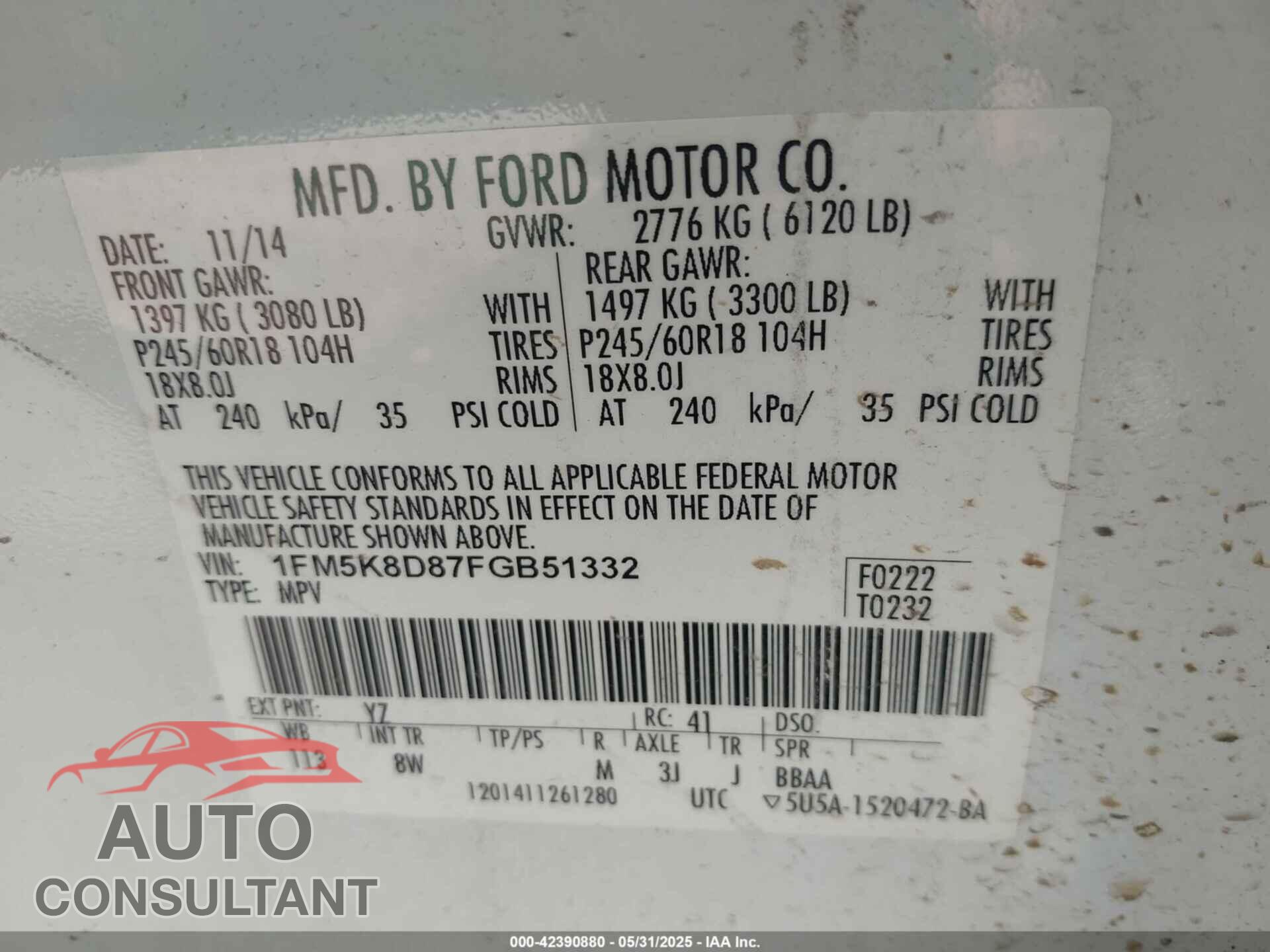 FORD EXPLORER 2015 - 1FM5K8D87FGB51332