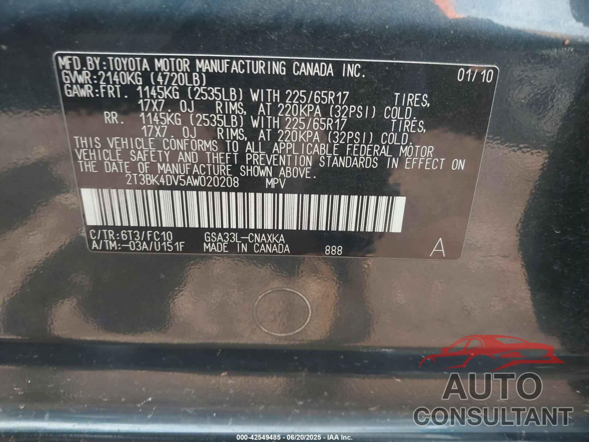 TOYOTA RAV4 2010 - 2T3BK4DV5AW020208