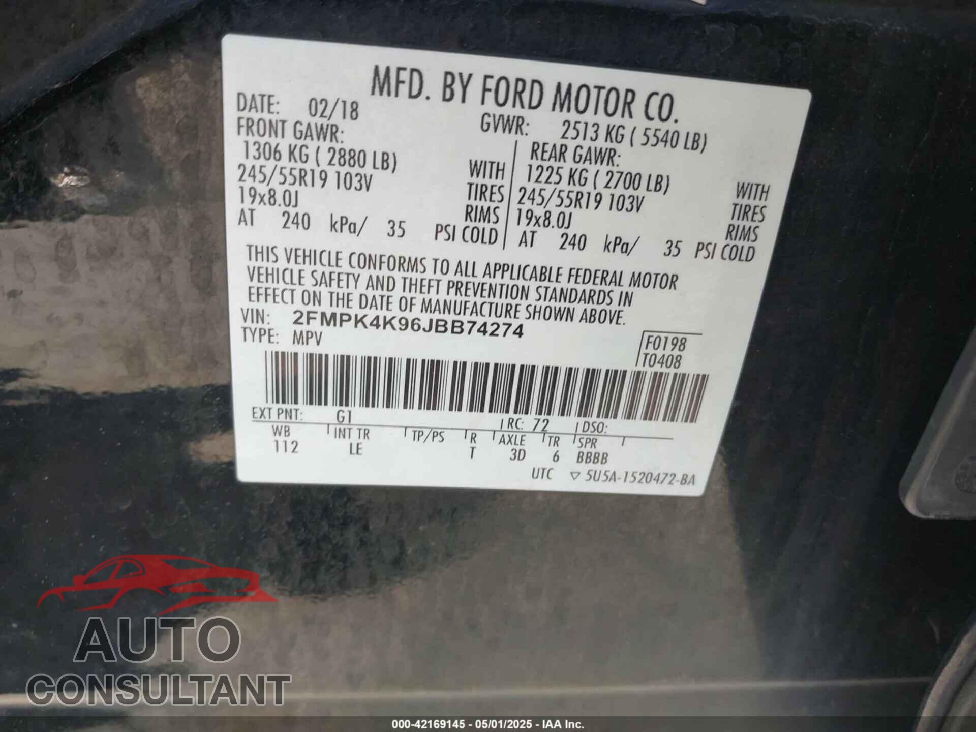 FORD EDGE 2018 - 2FMPK4K96JBB74274