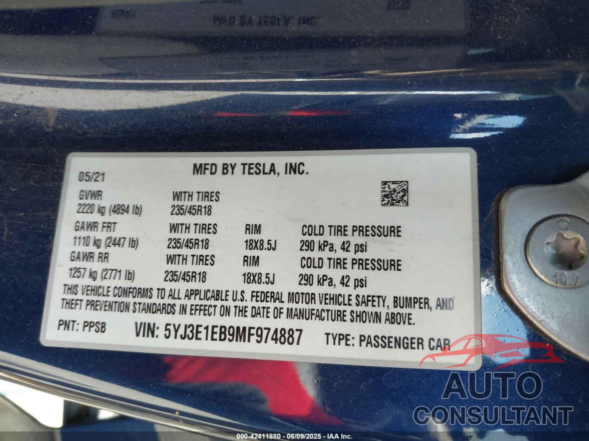 TESLA MODEL 3 2021 - 5YJ3E1EB9MF974887