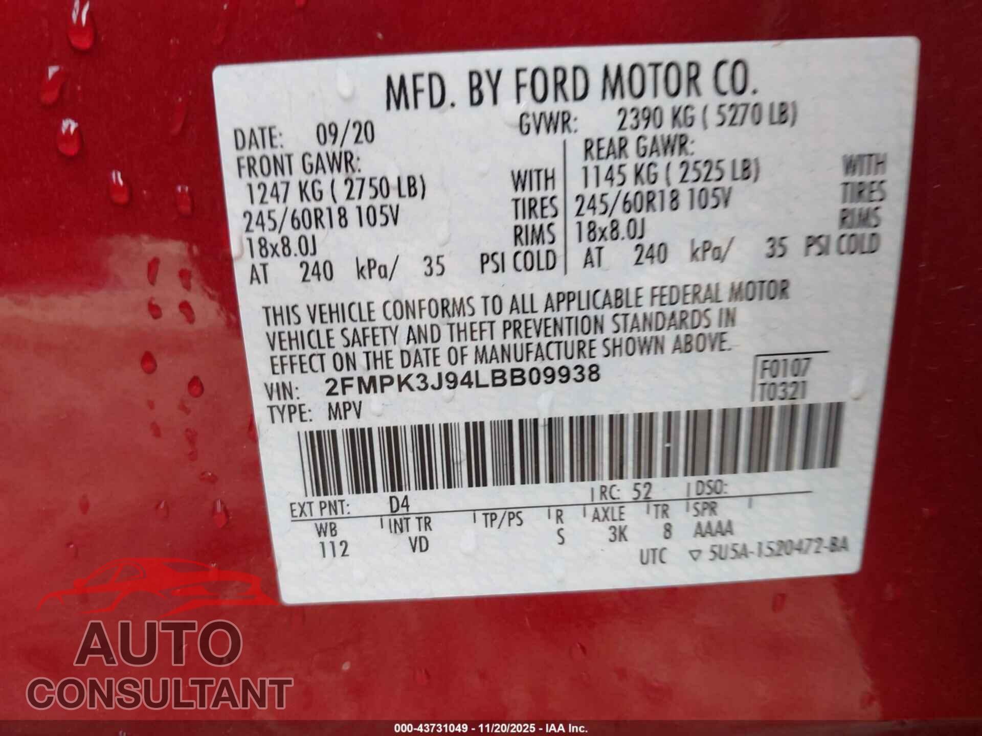 FORD EDGE 2020 - 2FMPK3J94LBB09938