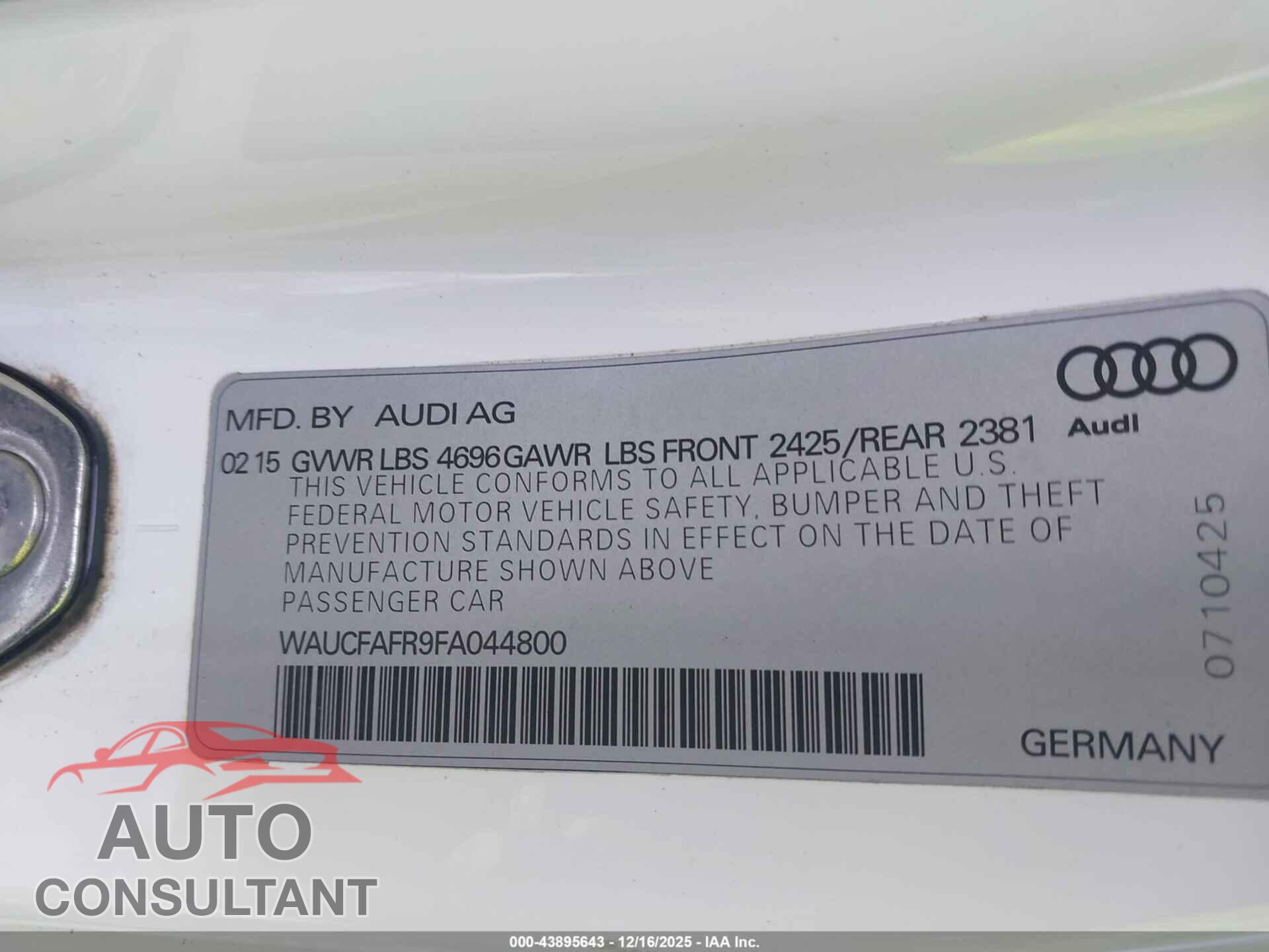 AUDI A5 2015 - WAUCFAFR9FA044800