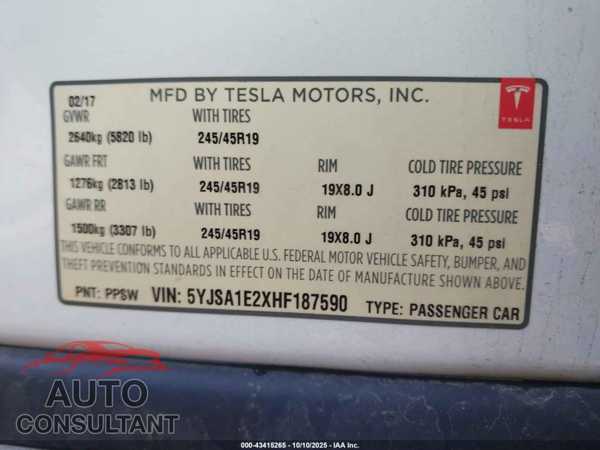 TESLA MODEL S 2017 - 5YJSA1E2XHF187590