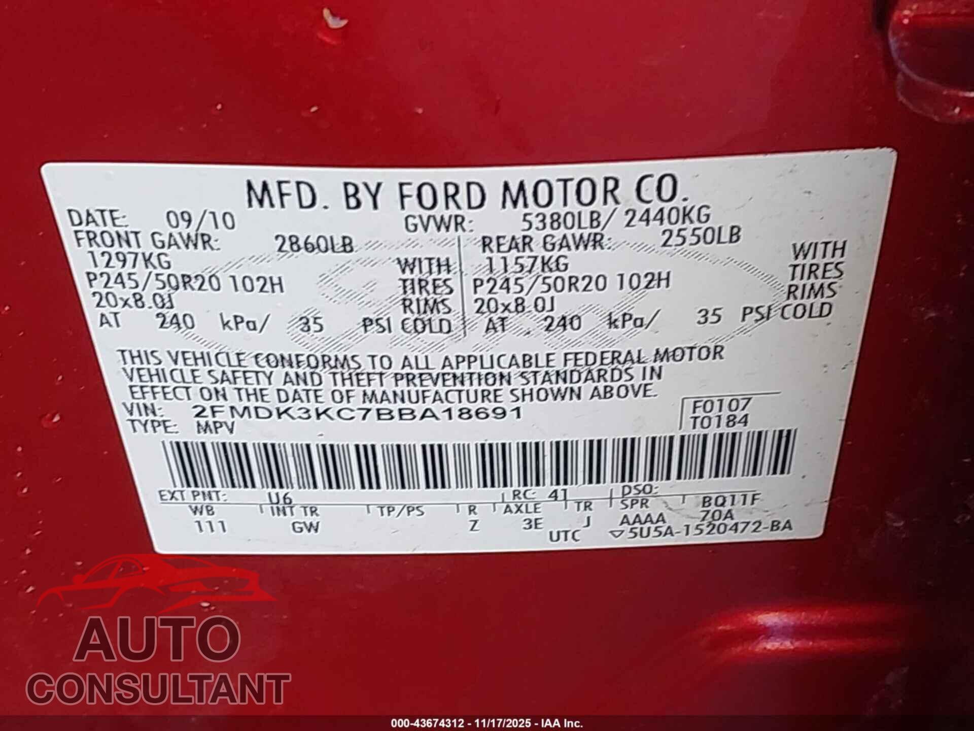FORD EDGE 2011 - 2FMDK3KC7BBA18691
