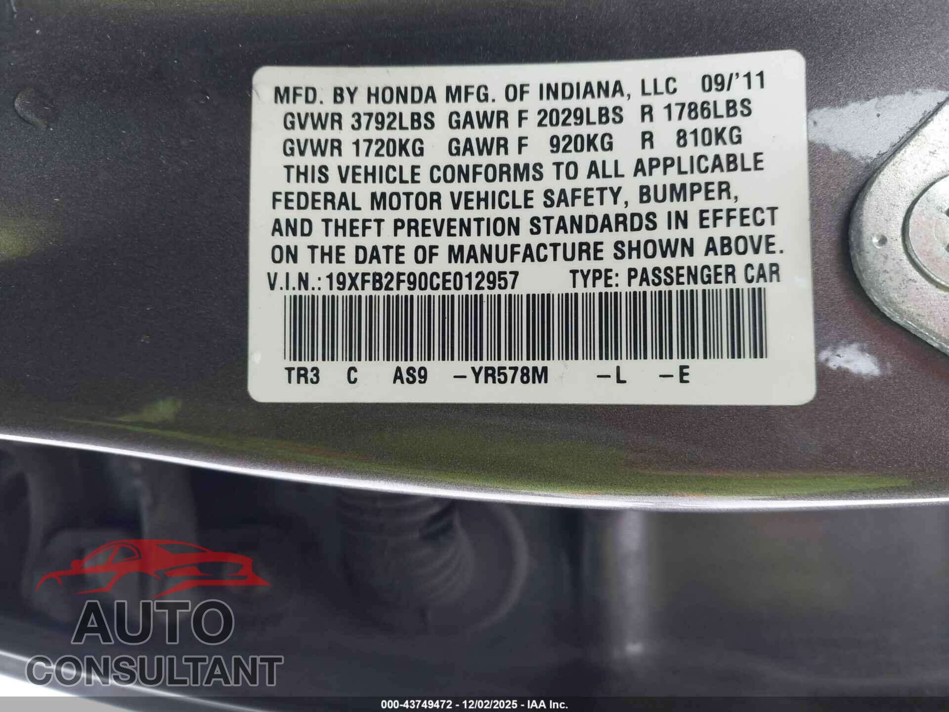 HONDA CIVIC 2012 - 19XFB2F90CE012957