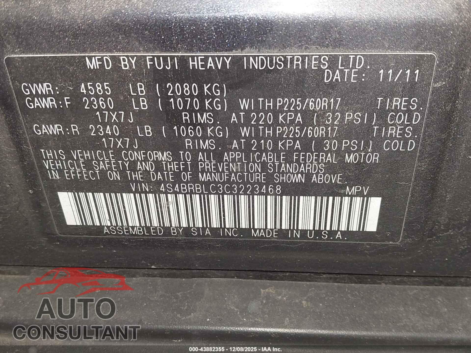 SUBARU OUTBACK 2012 - 4S4BRBLC3C3223468
