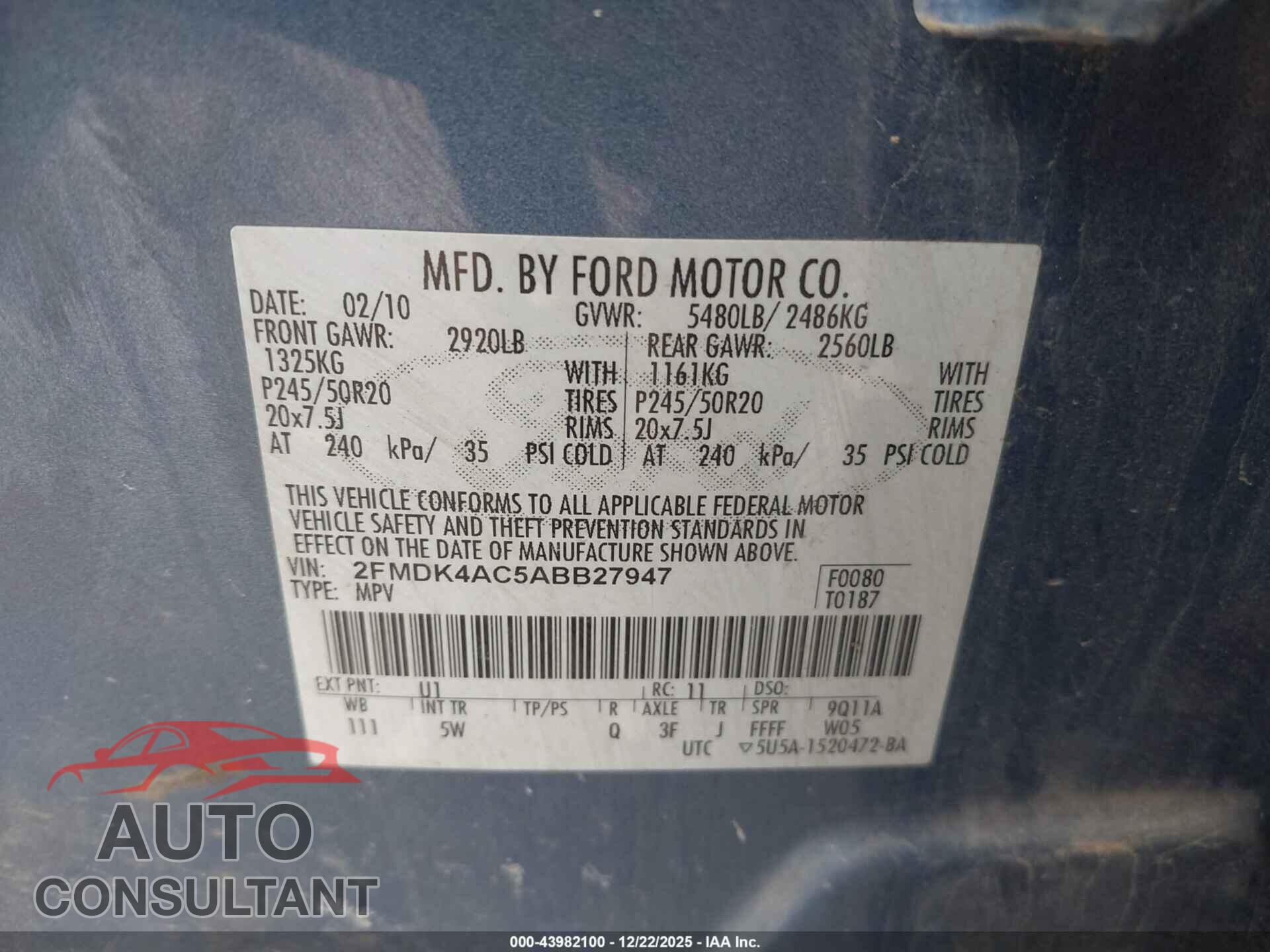 FORD EDGE 2010 - 2FMDK4AC5ABB27947