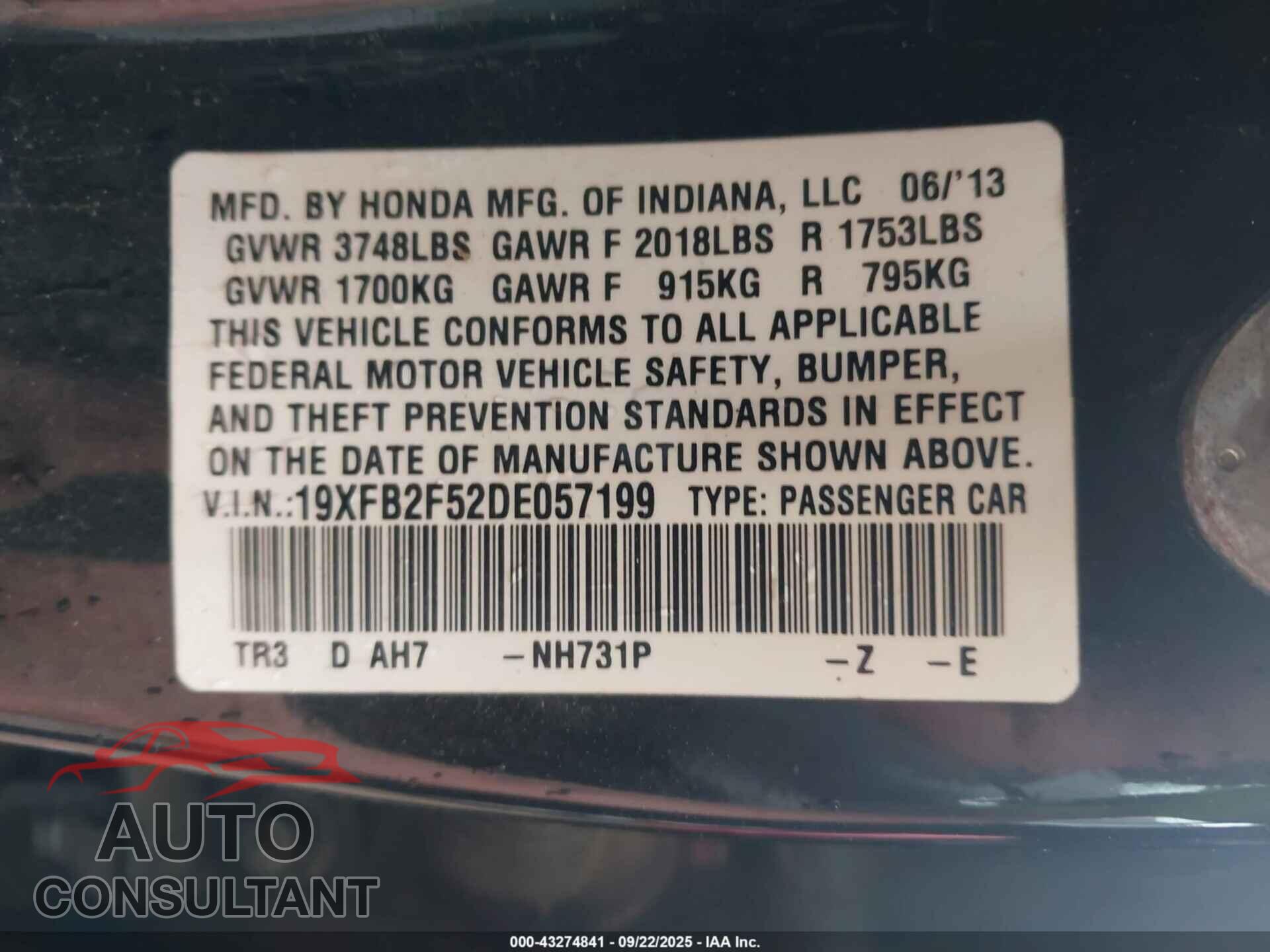 HONDA CIVIC 2013 - 19XFB2F52DE057199