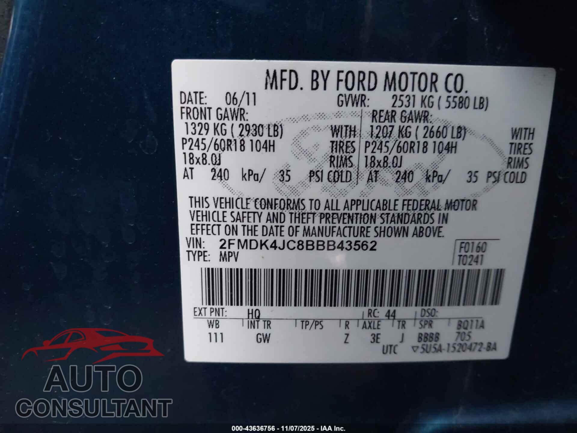 FORD EDGE 2011 - 2FMDK4JC8BBB43562