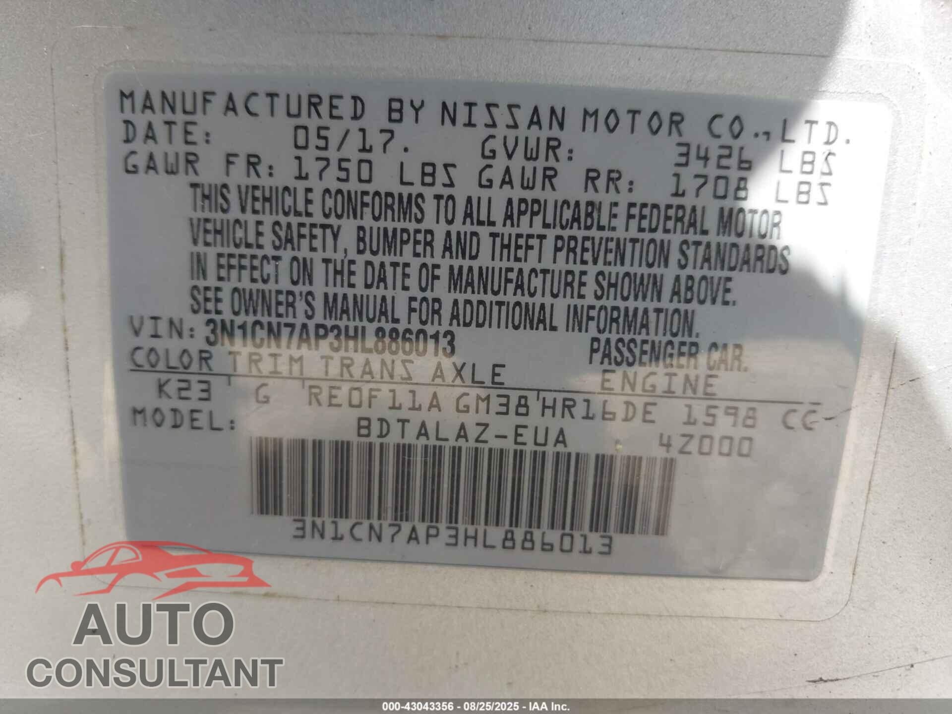 NISSAN VERSA 2017 - 3N1CN7AP3HL886013