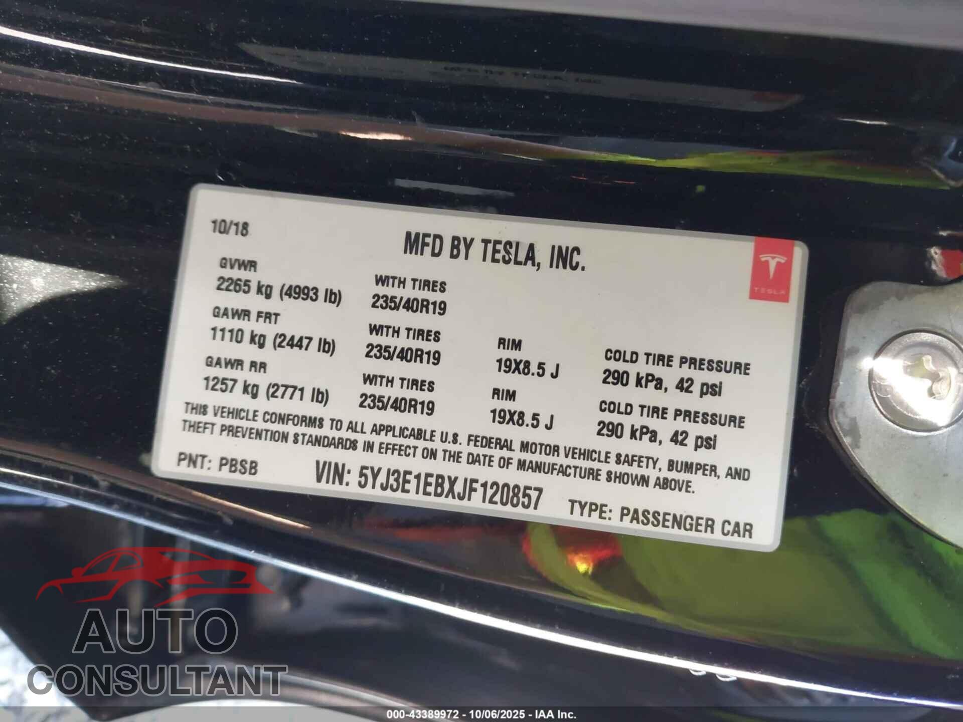 TESLA MODEL 3 2018 - 5YJ3E1EBXJF120857