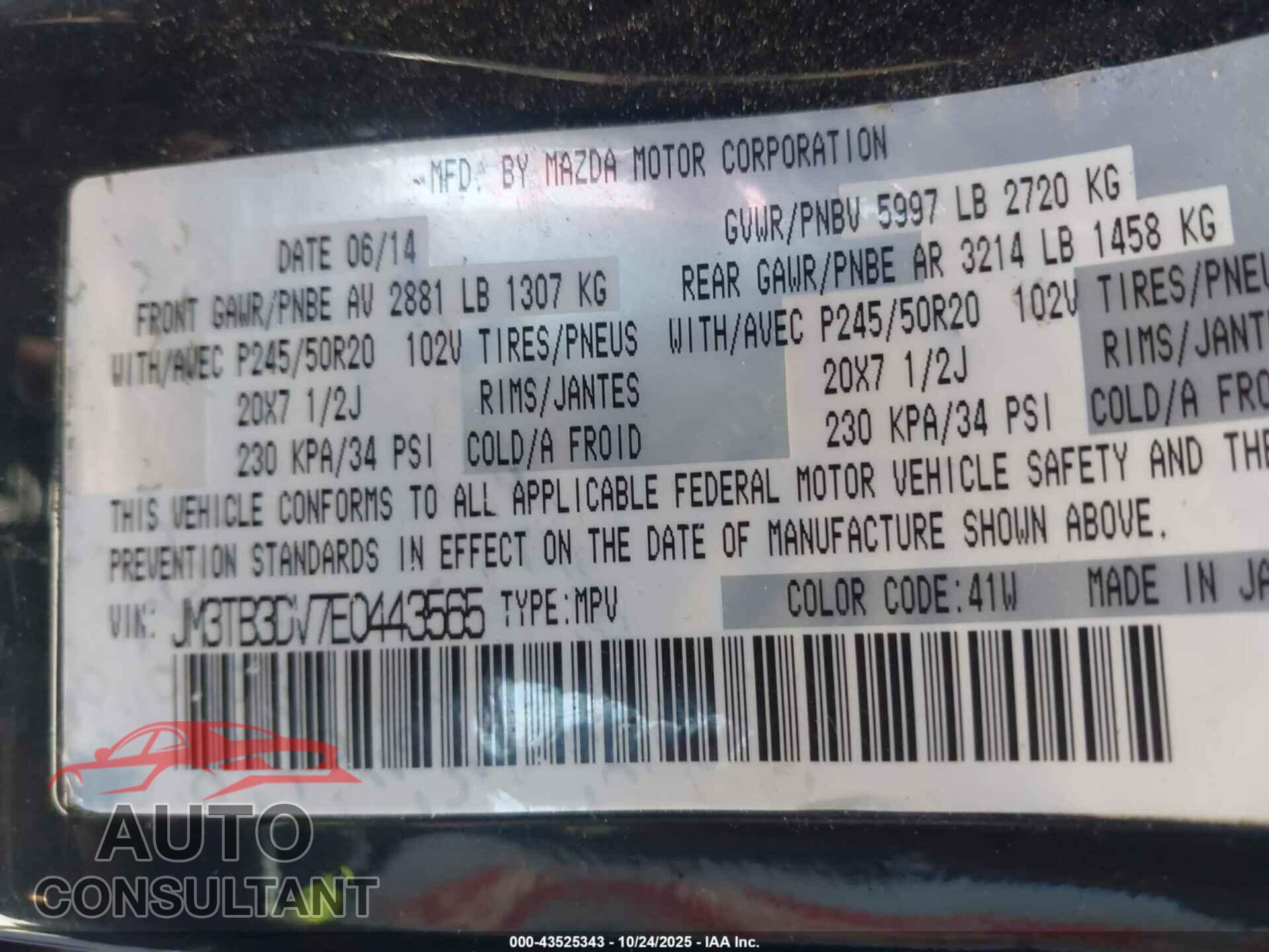 MAZDA CX-9 2014 - JM3TB3DV7E0443565