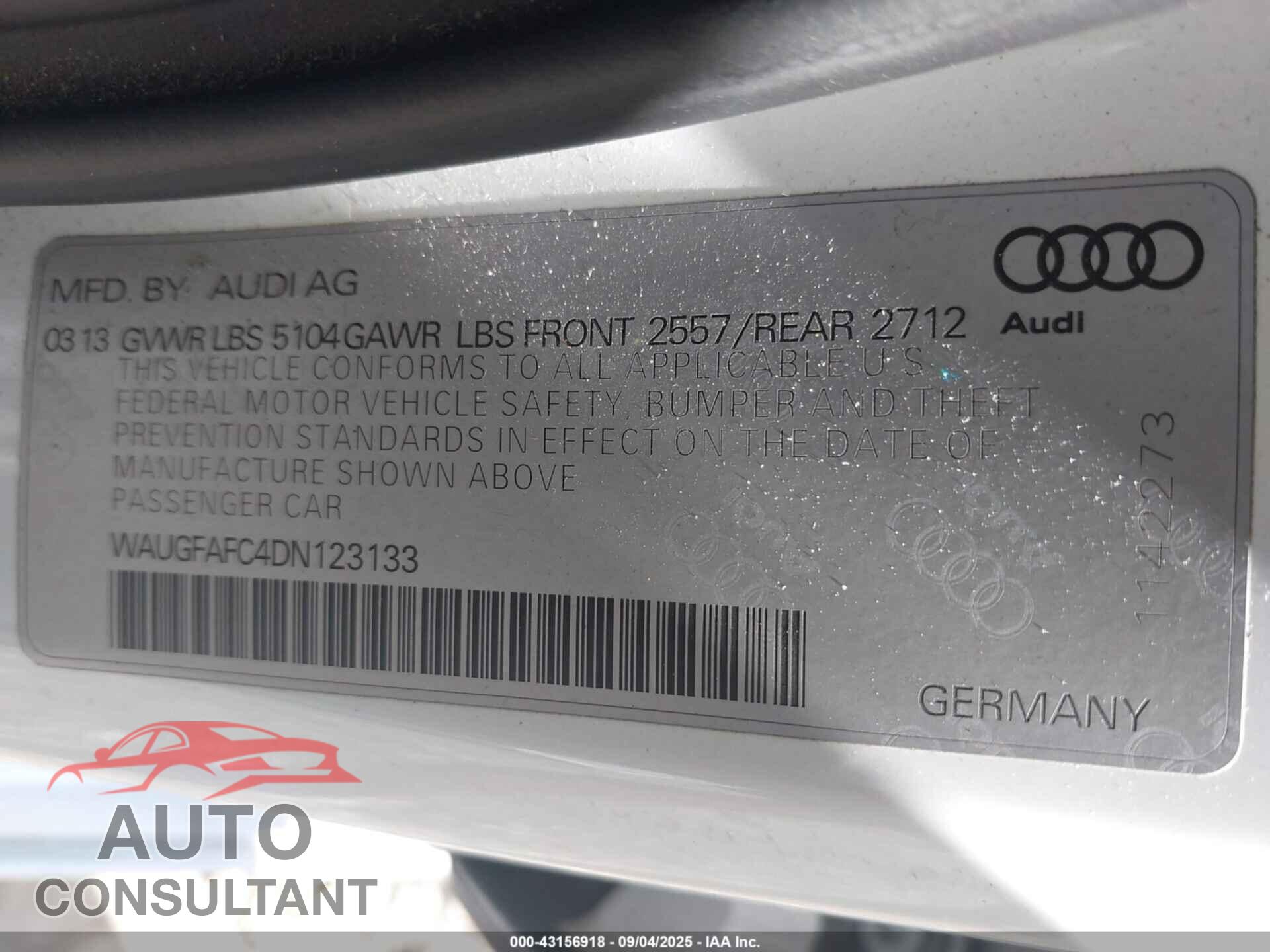 AUDI A6 2013 - WAUGFAFC4DN123133