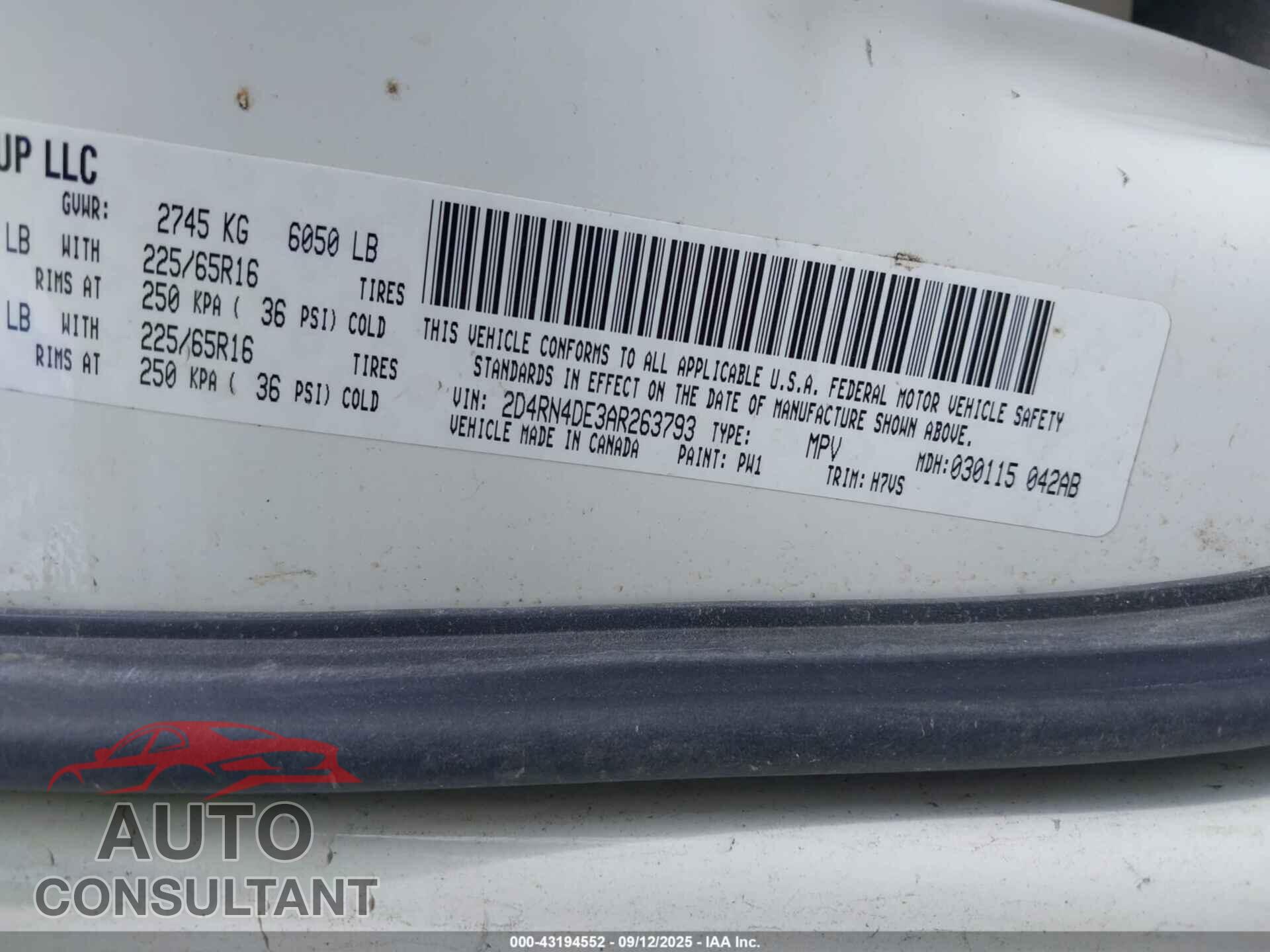 DODGE GRAND CARAVAN 2010 - 2D4RN4DE3AR263793