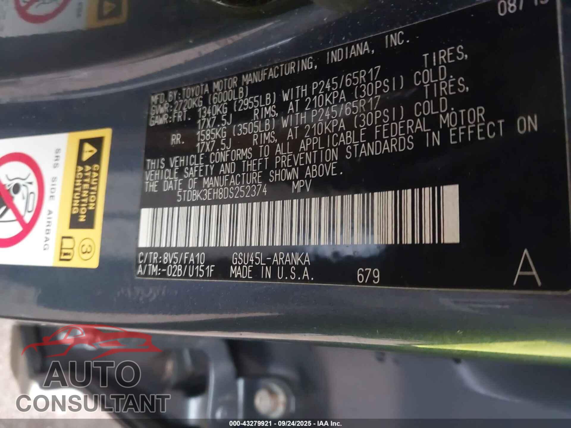 TOYOTA HIGHLANDER 2013 - 5TDBK3EH8DS252374
