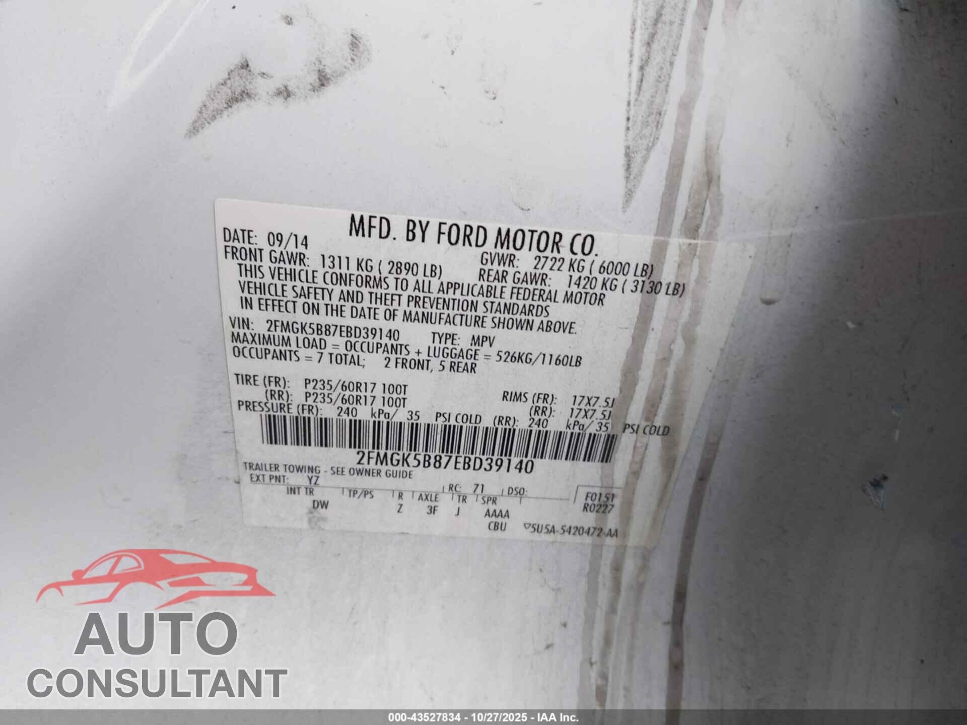 FORD FLEX 2014 - 2FMGK5B87EBD39140