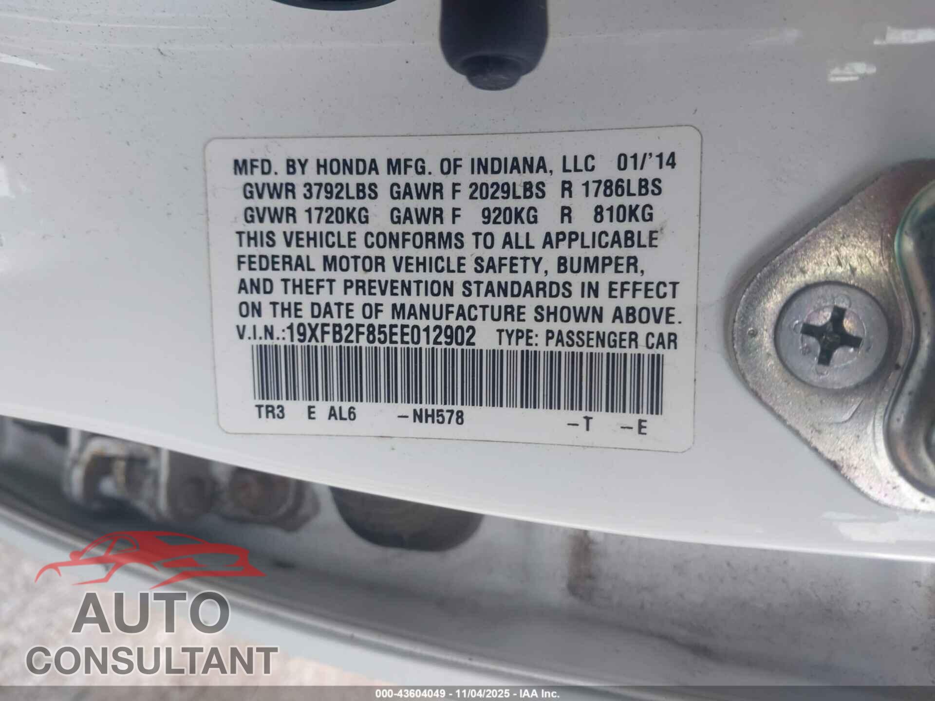 HONDA CIVIC 2014 - 19XFB2F85EE012902
