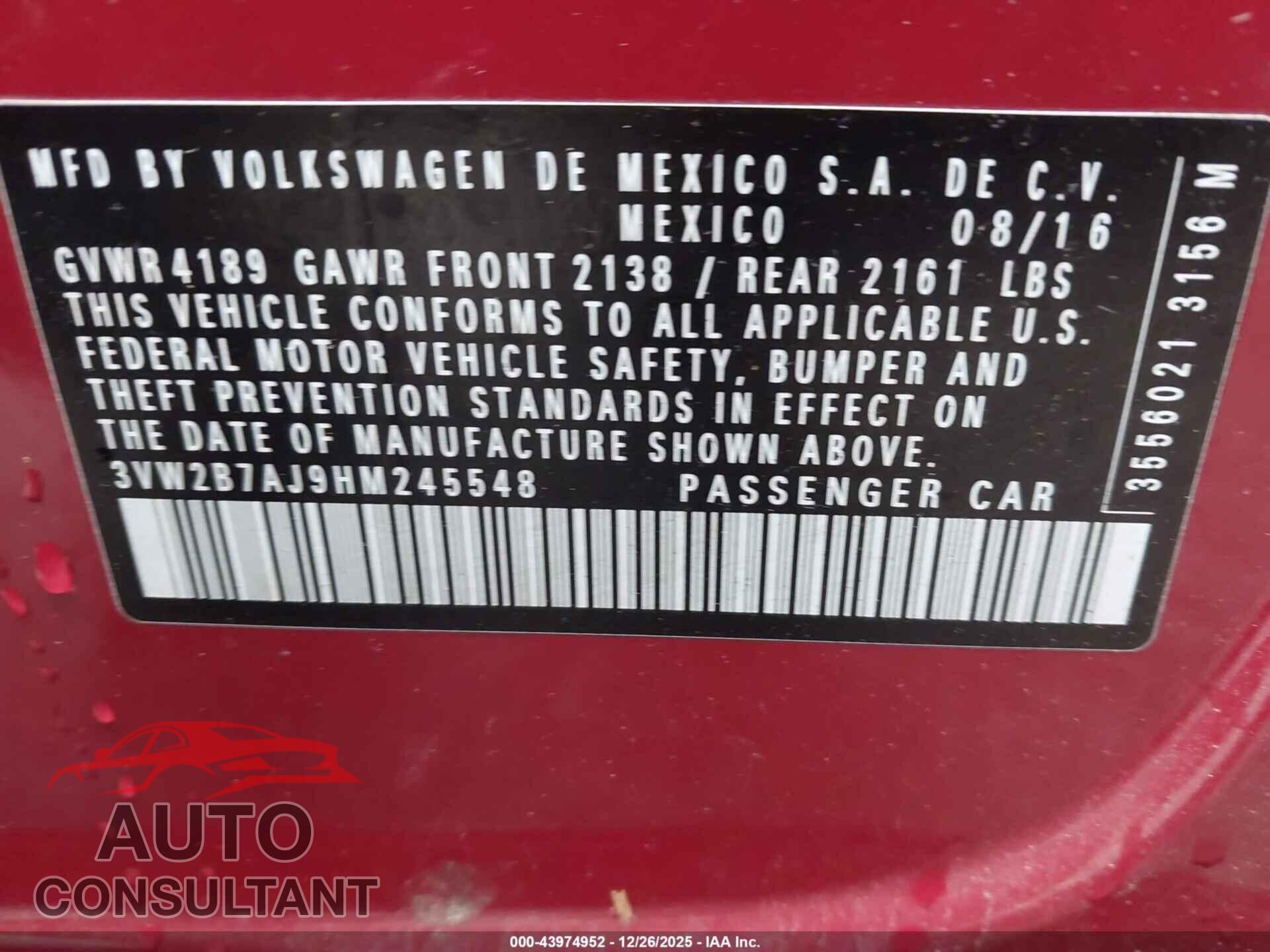 VOLKSWAGEN JETTA 2017 - 3VW2B7AJ9HM245548