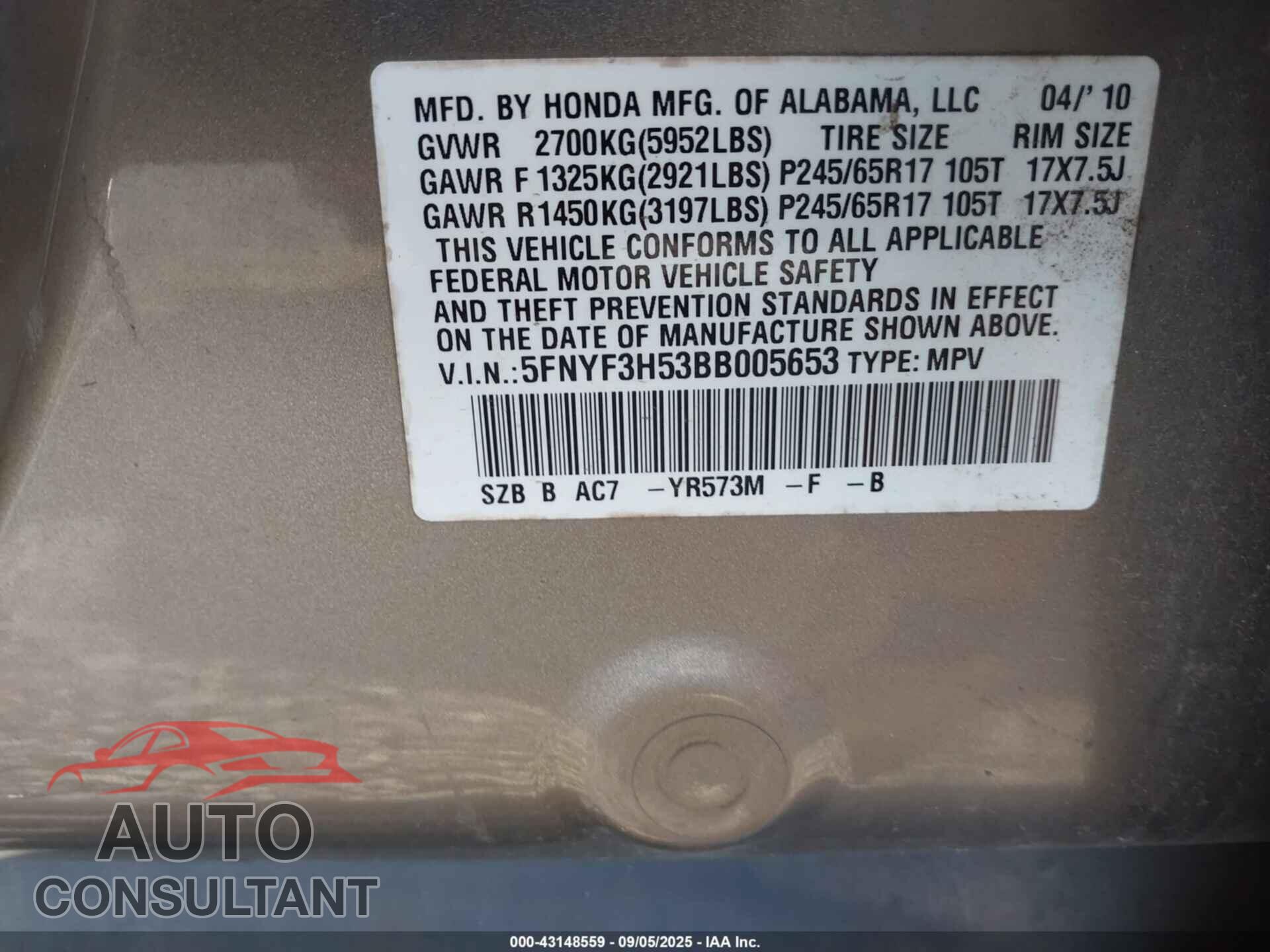 HONDA PILOT 2011 - 5FNYF3H53BB005653