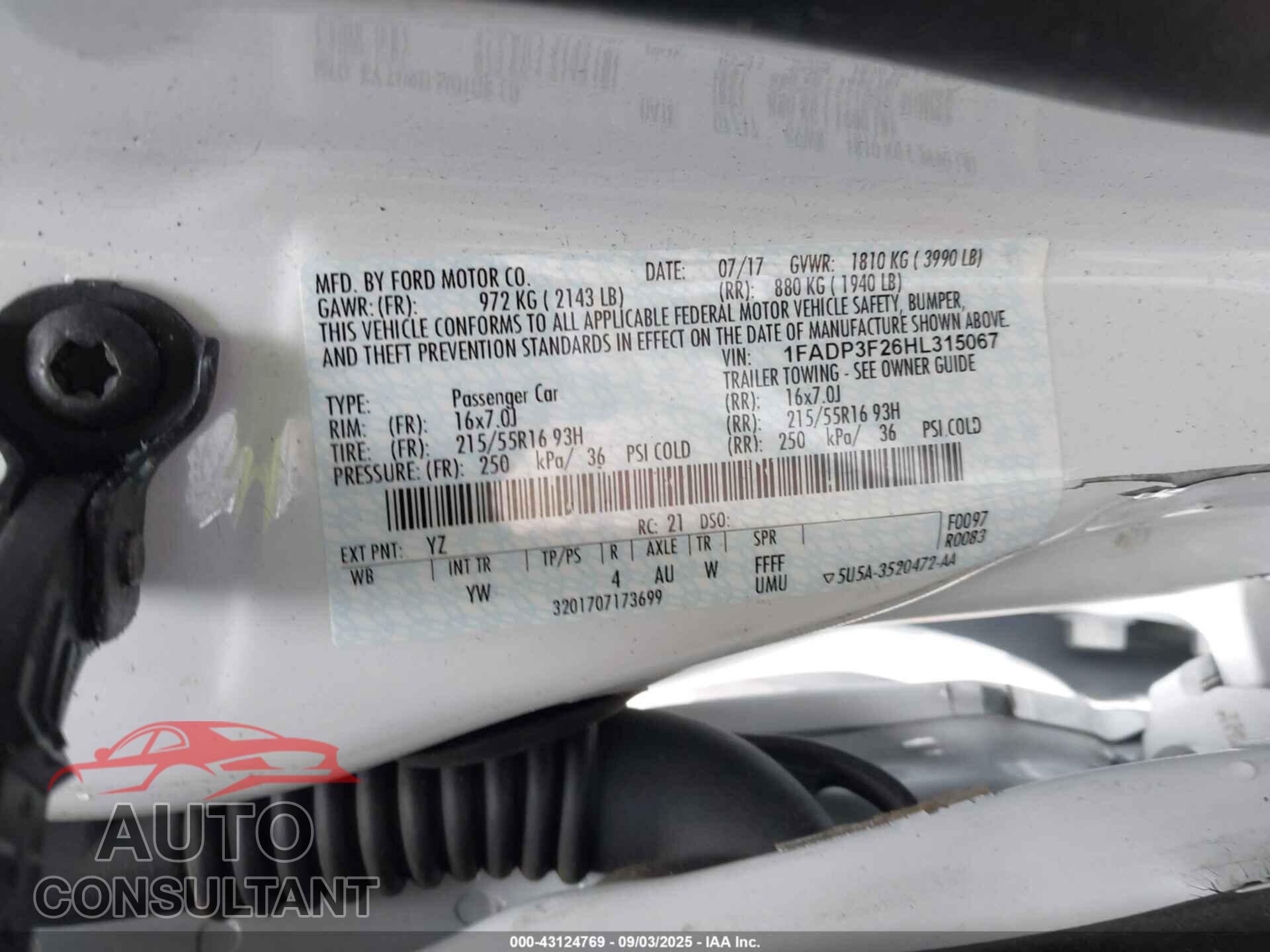 FORD FOCUS 2017 - 1FADP3F26HL315067
