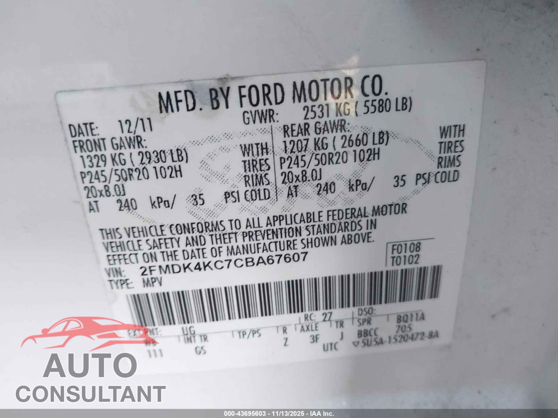 FORD EDGE 2012 - 2FMDK4KC7CBA67607