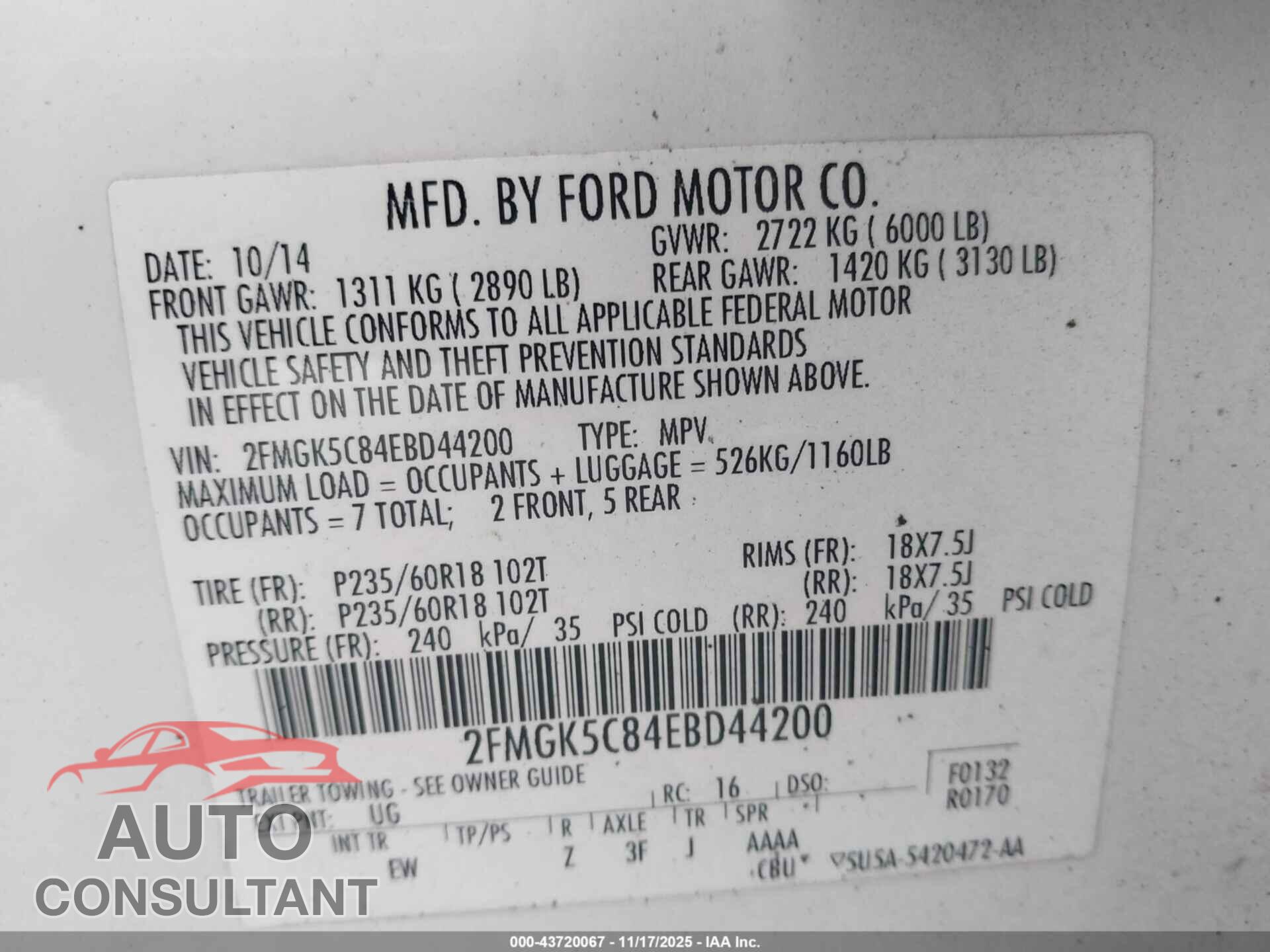 FORD FLEX 2014 - 2FMGK5C84EBD44200