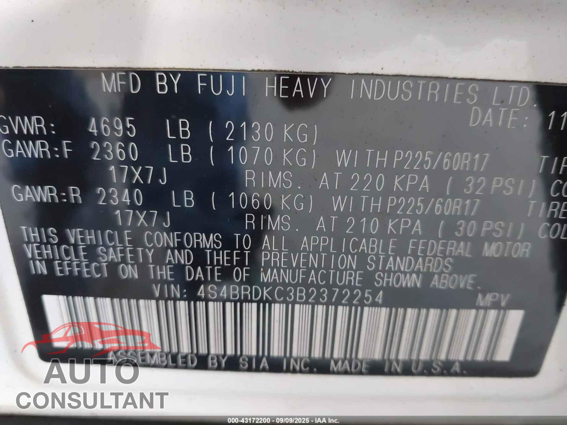 SUBARU OUTBACK 2011 - 4S4BRDKC3B2372254