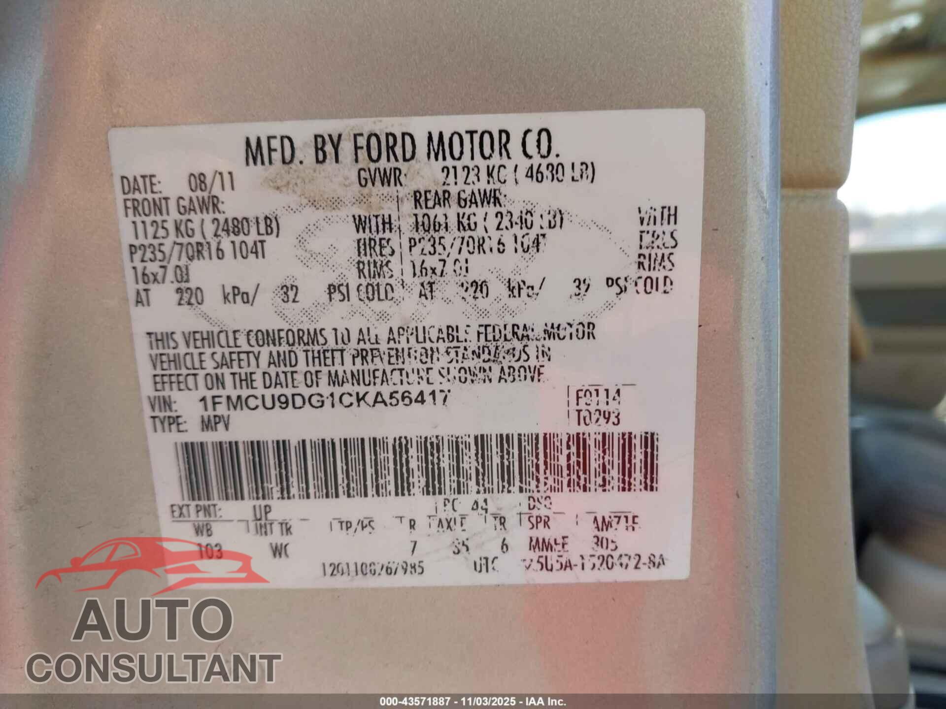 FORD ESCAPE 2012 - 1FMCU9DG1CKA56417
