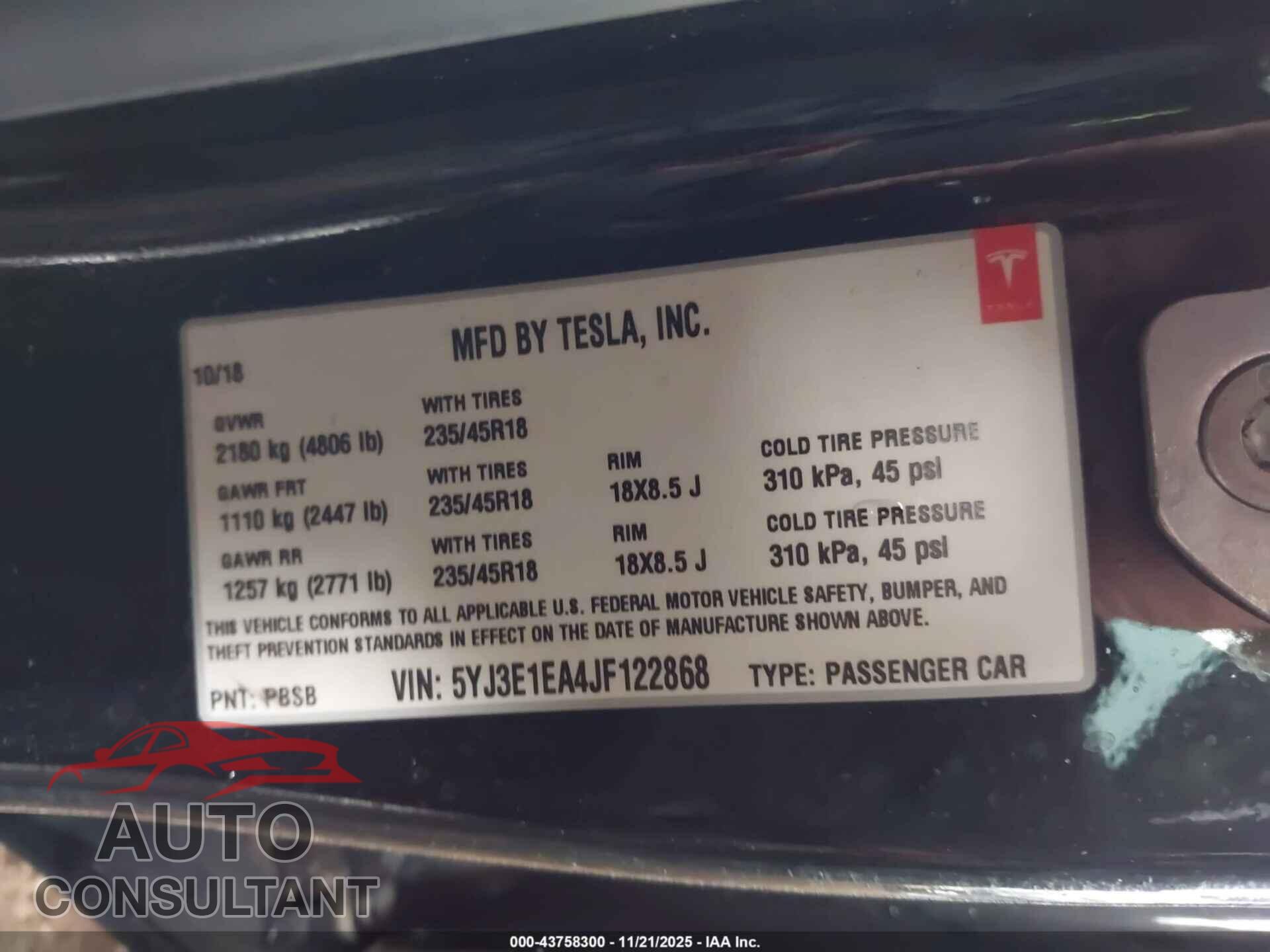 TESLA MODEL 3 2018 - 5YJ3E1EA4JF122868
