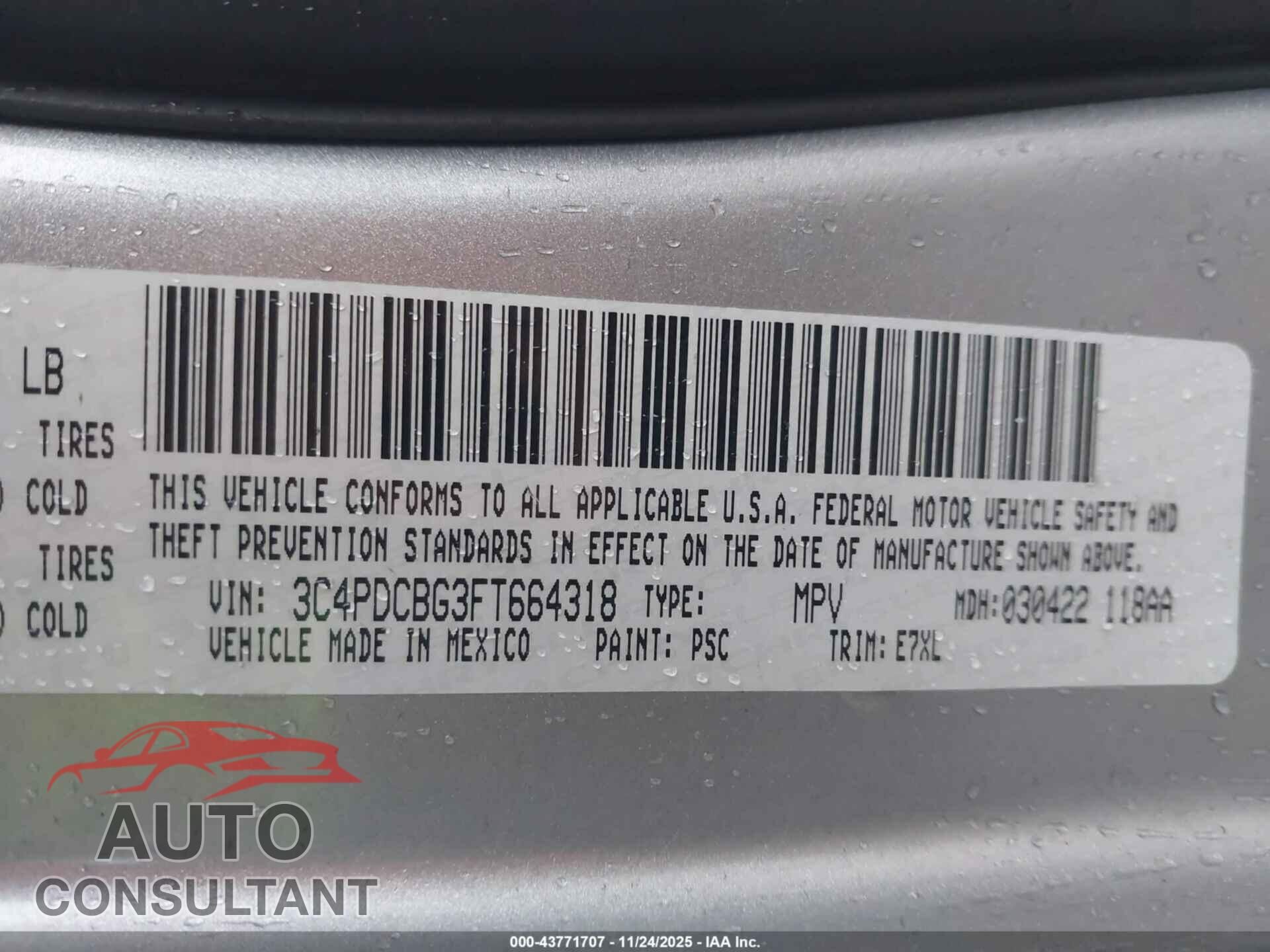 DODGE JOURNEY 2015 - 3C4PDCBG3FT664318