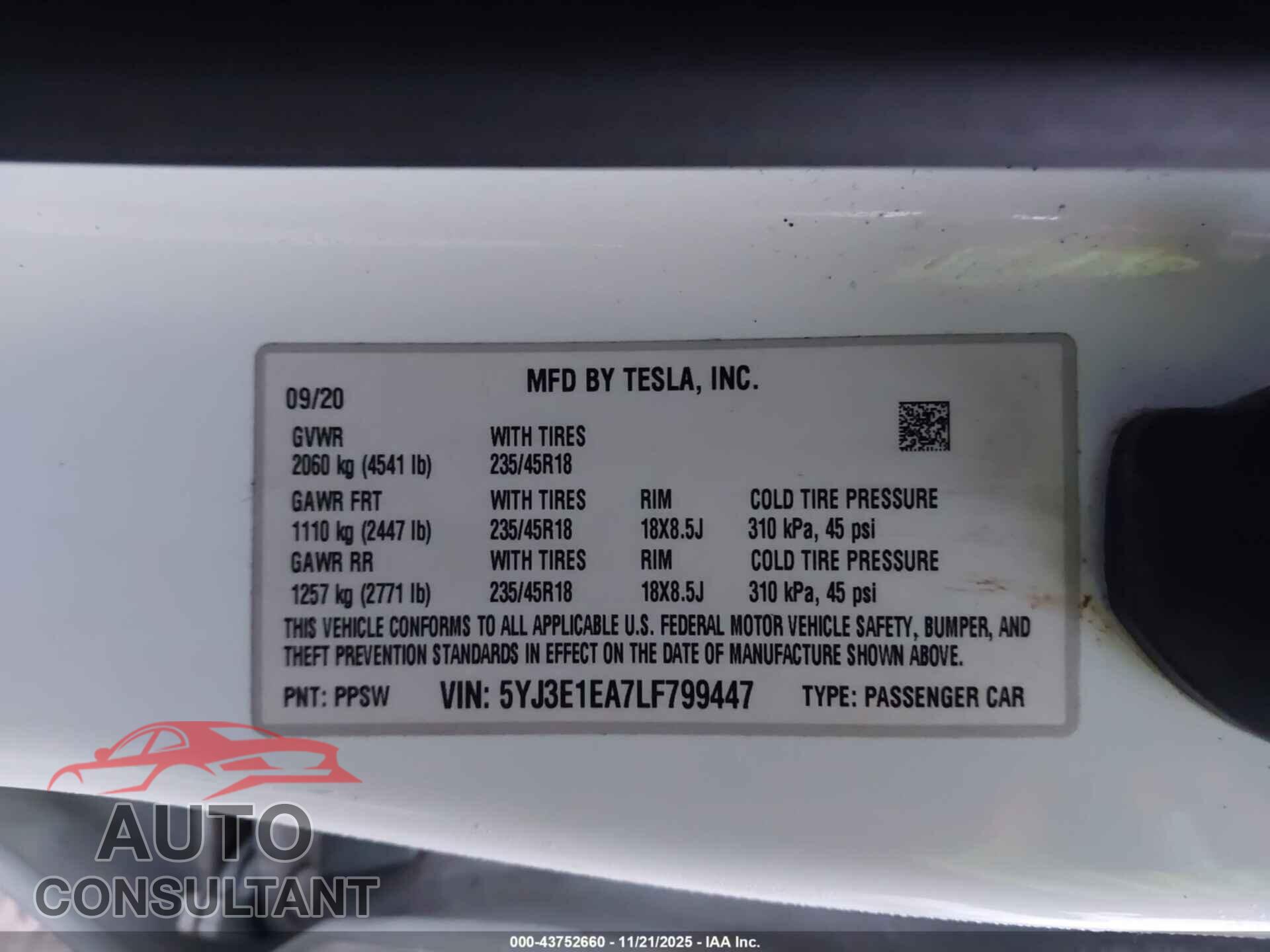 TESLA MODEL 3 2020 - 5YJ3E1EA7LF799447
