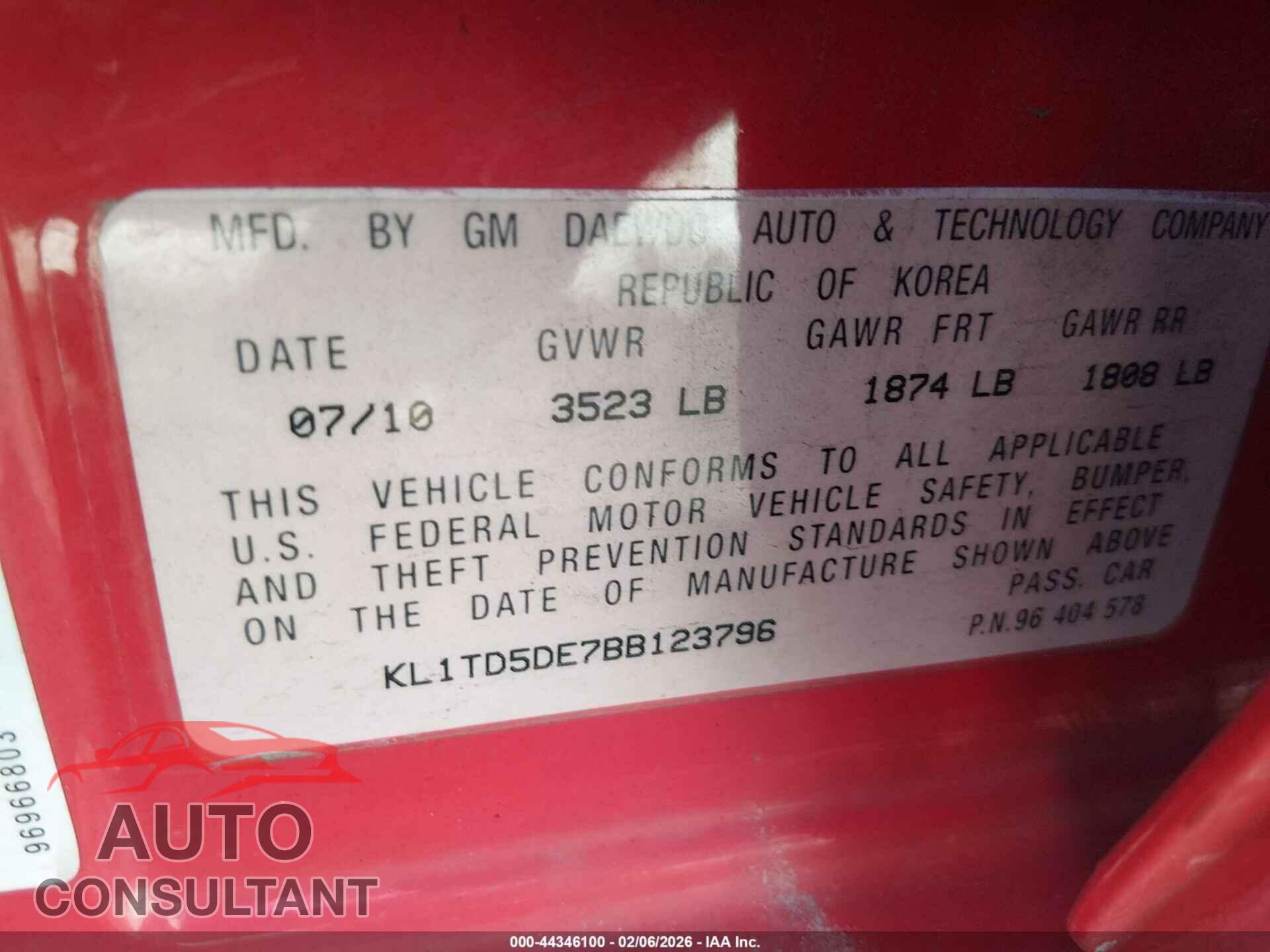 CHEVROLET AVEO 2011 - KL1TD5DE7BB123796