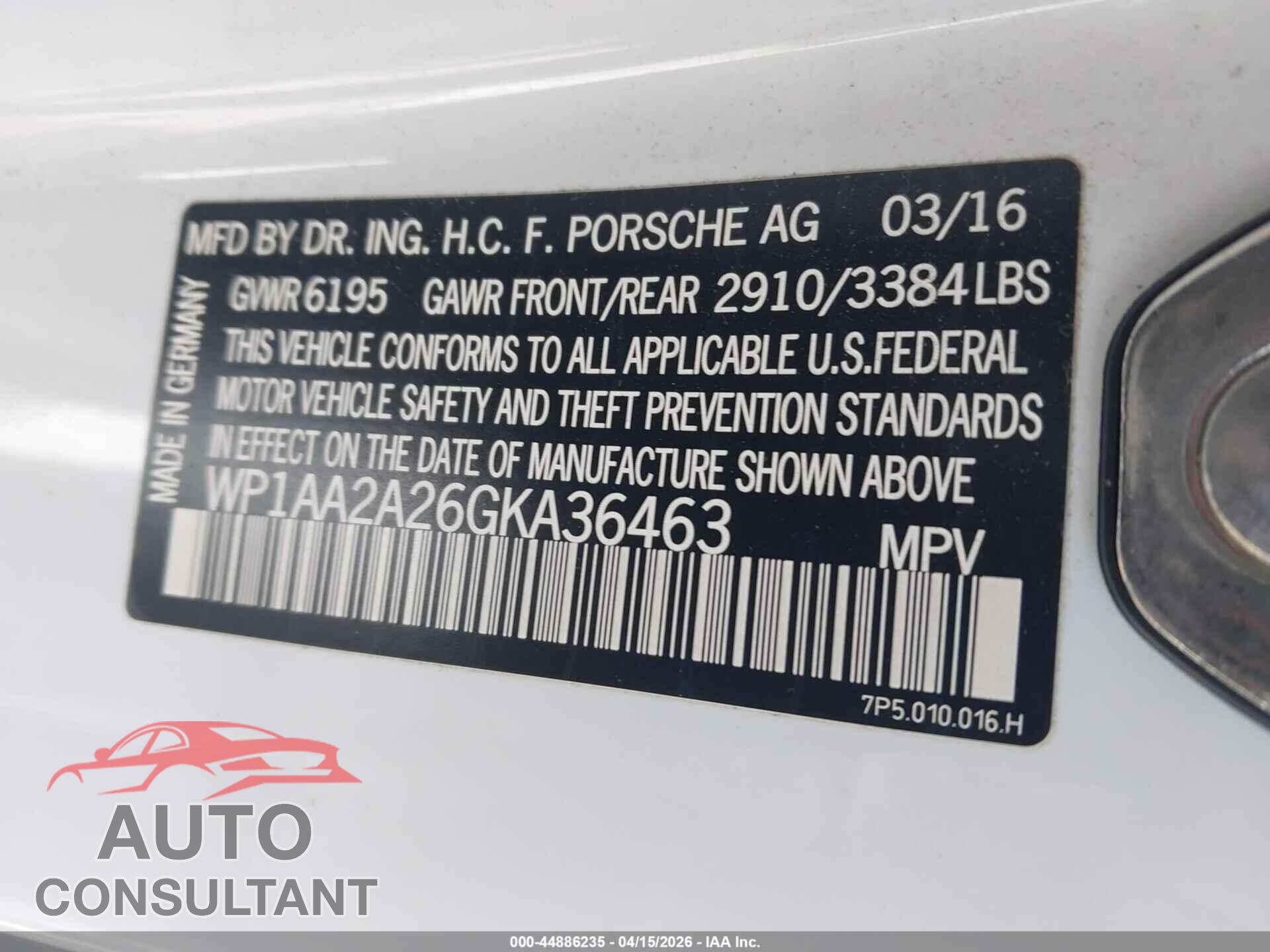 PORSCHE CAYENNE 2016 - WP1AA2A26GKA36463