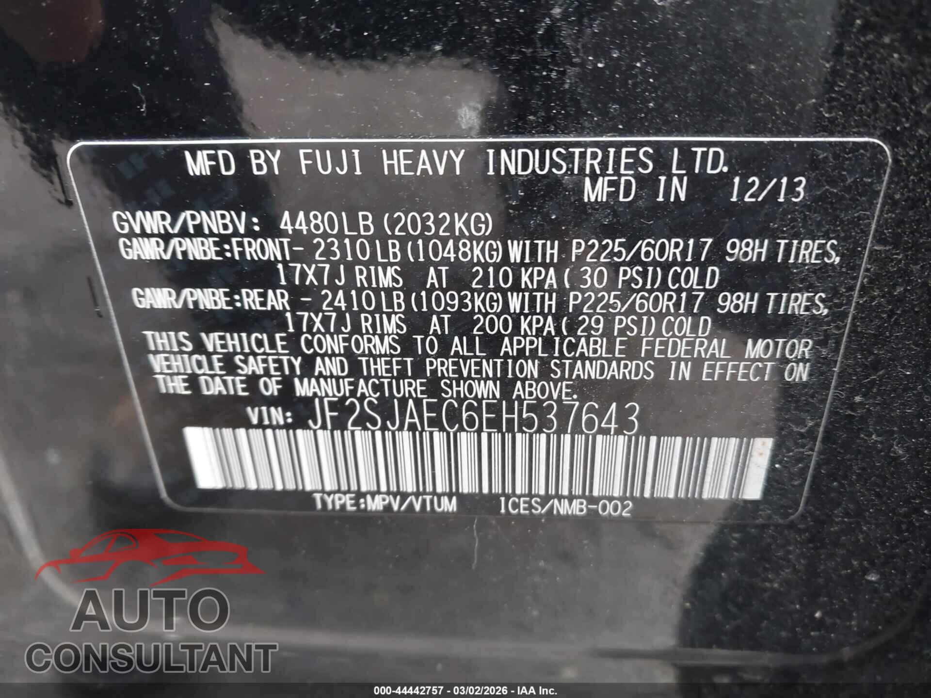 SUBARU FORESTER 2014 - JF2SJAEC6EH537643